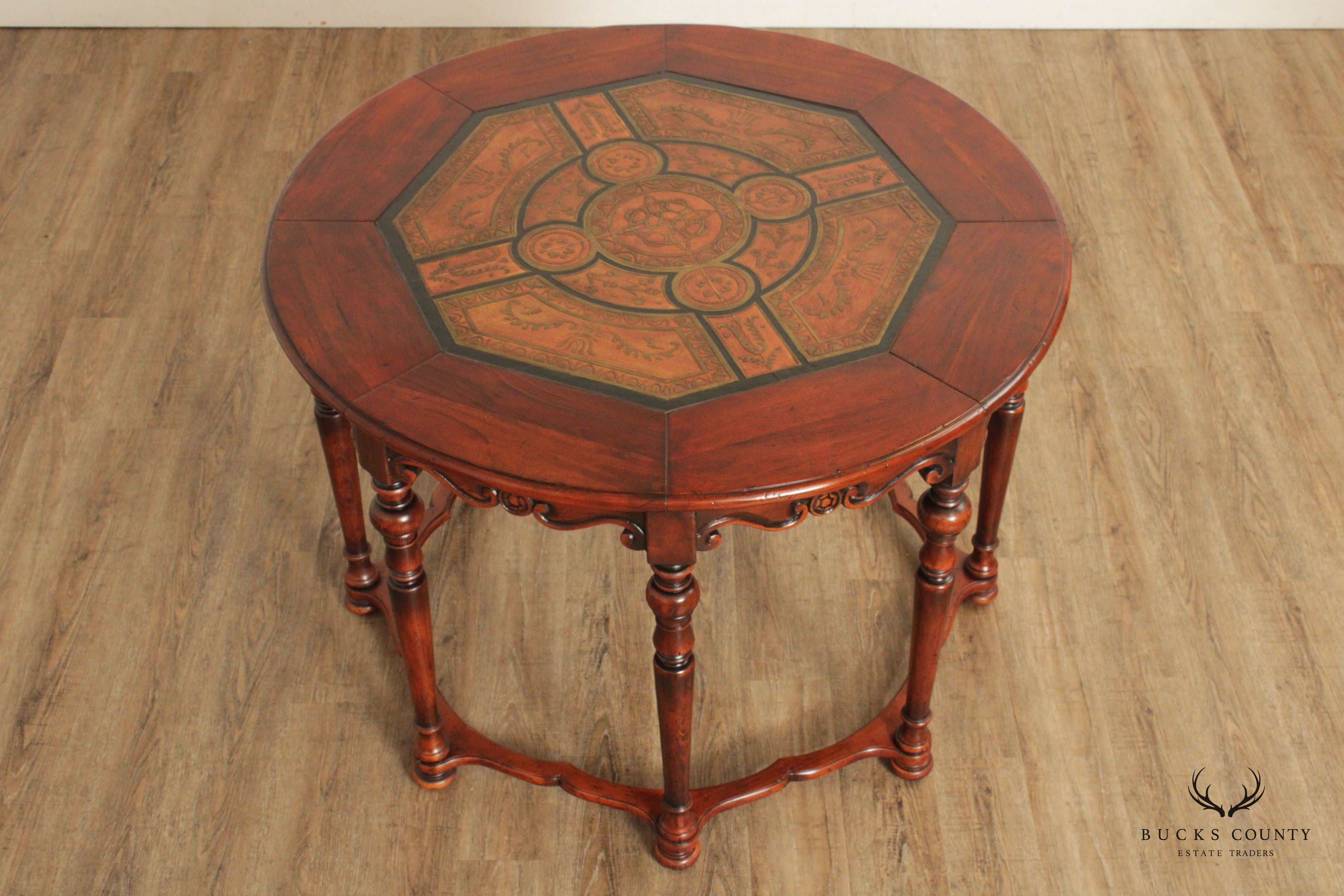 English Style Tooled Leather Round Mahogany Center Table