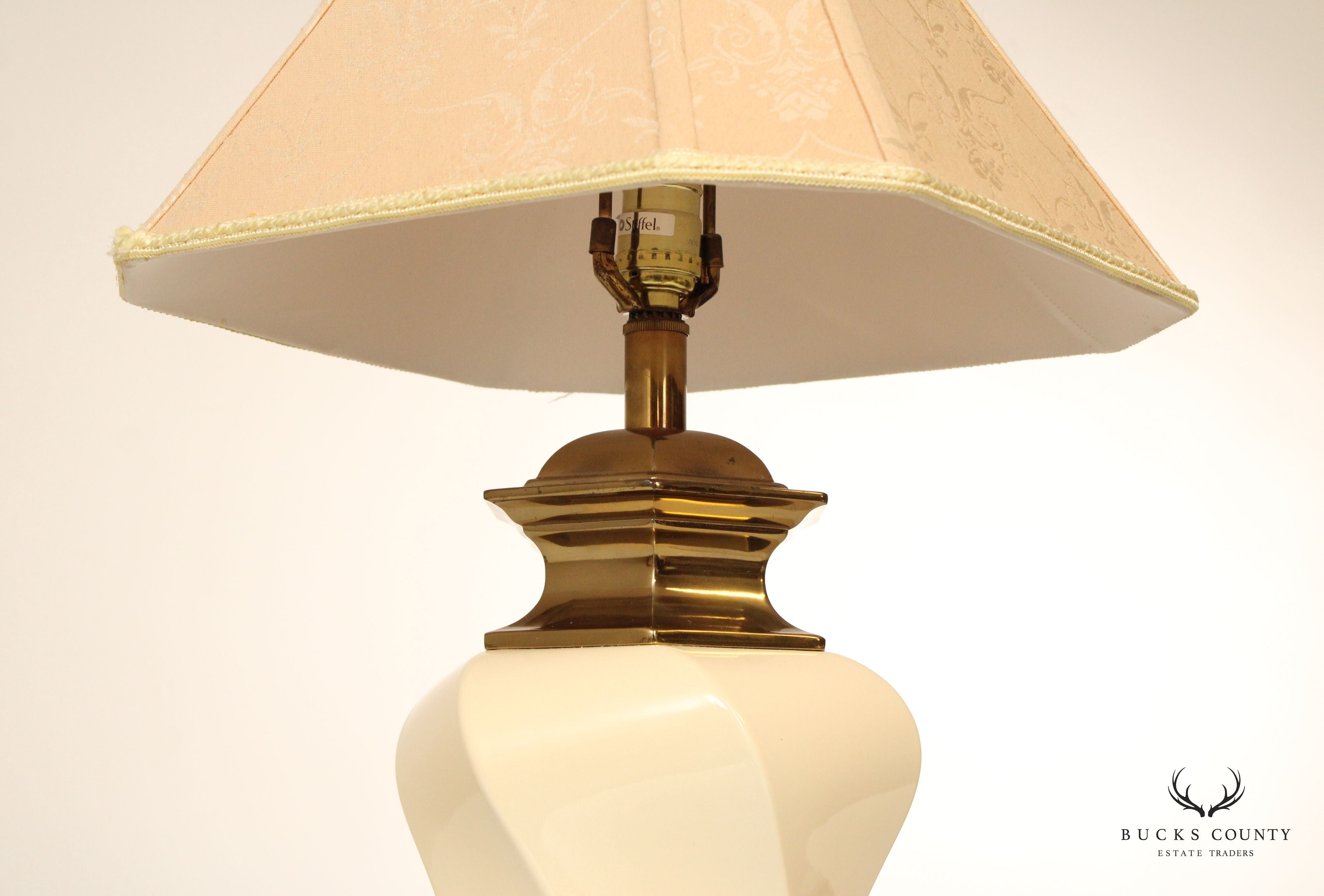 STIFFEL  BRASS AND CERAMIC PAIR OF VINTAGE HEXAGONAL TABLE LAMPS