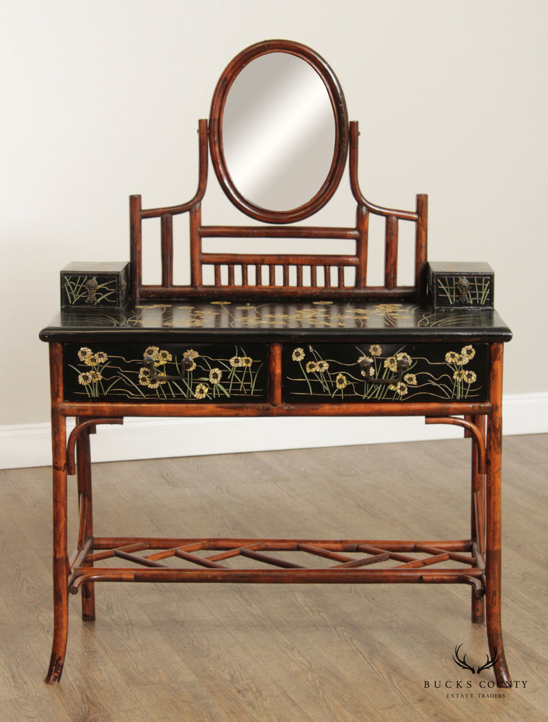 Antique Chinoiserie Painted Black Lacquer Bamboo Vanity