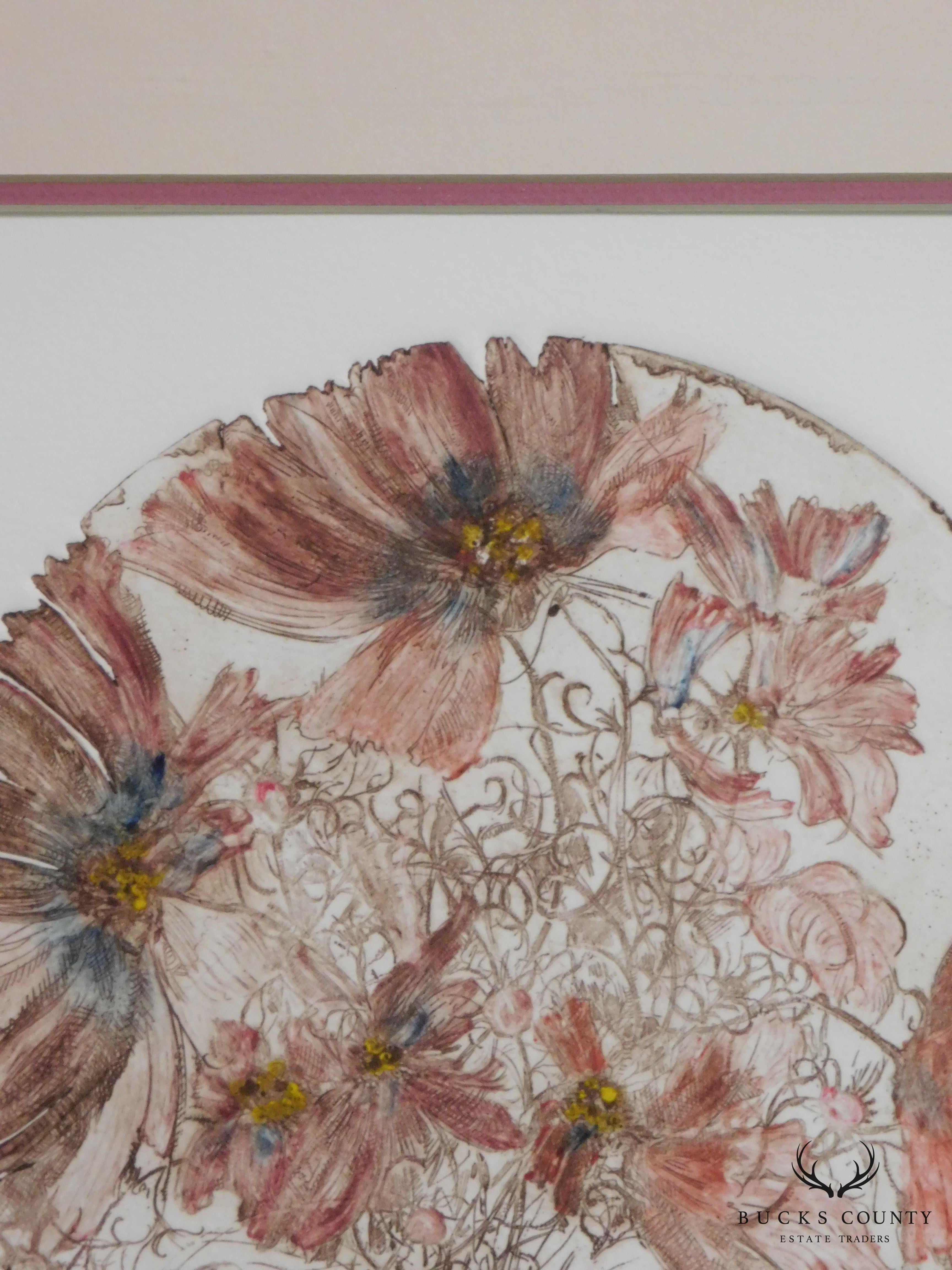 Framed, Hand-Colored Limited Edition Etching by Joanne Isaacs "Cosmos in Tapio Wirkkala"