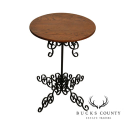 Vintage Scrolled Wrought Iron Round Oak Top Pedestal Side Table