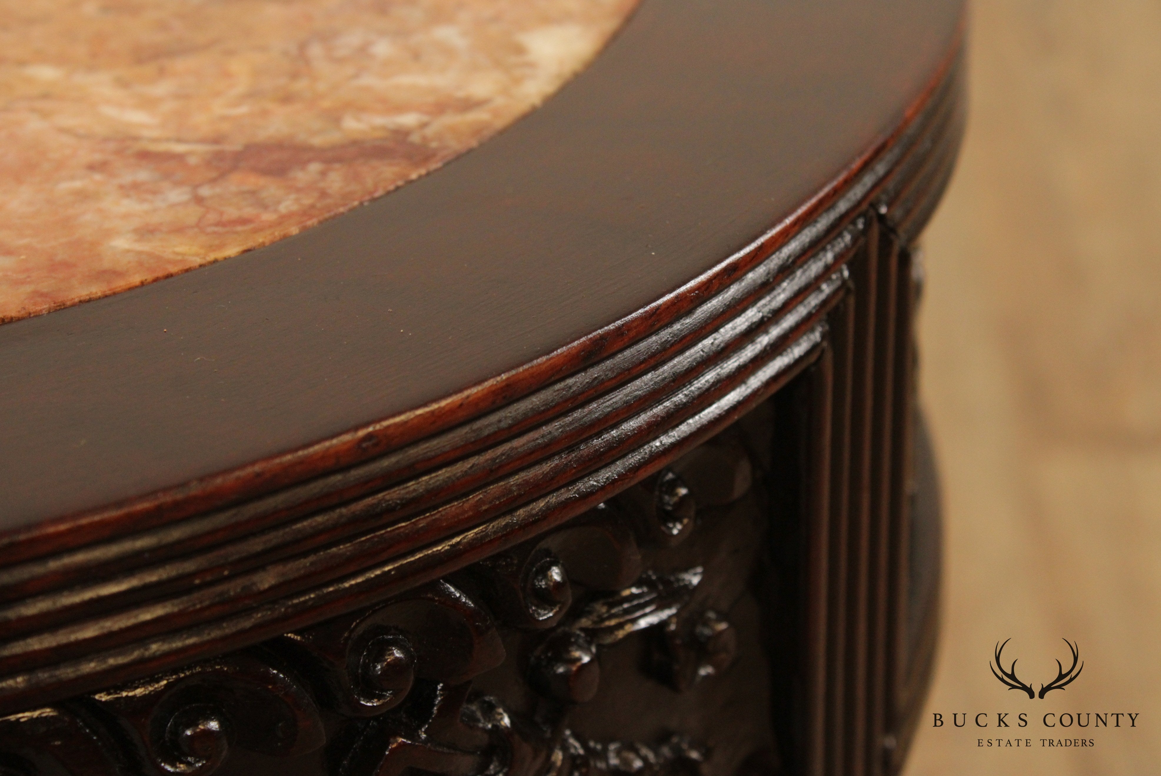 Vintage Carved Asian Round Marble Top Side Table