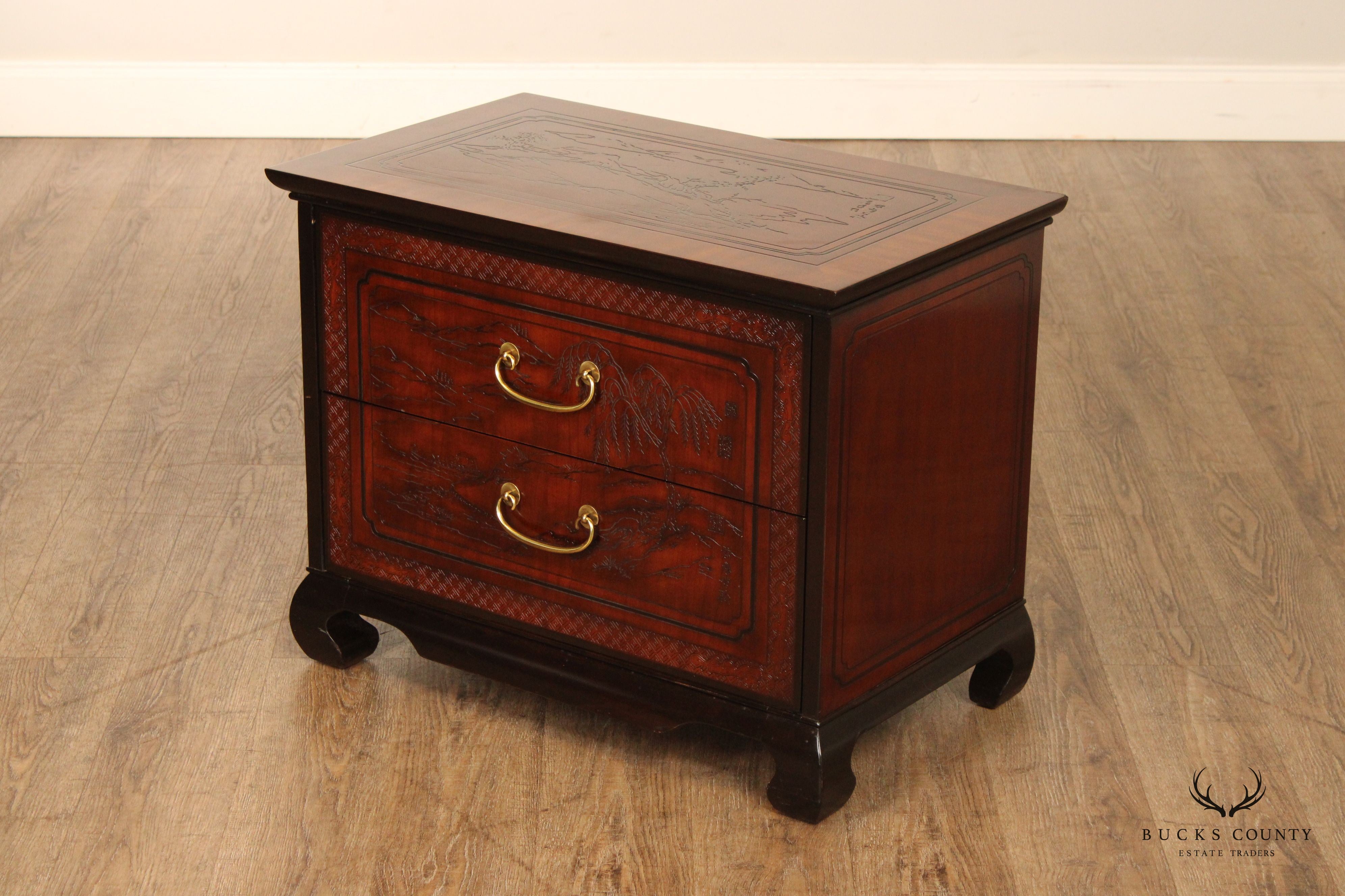 Drexel Heritage 'Conoisseur' Pair of Carved Mahogany Nightstands