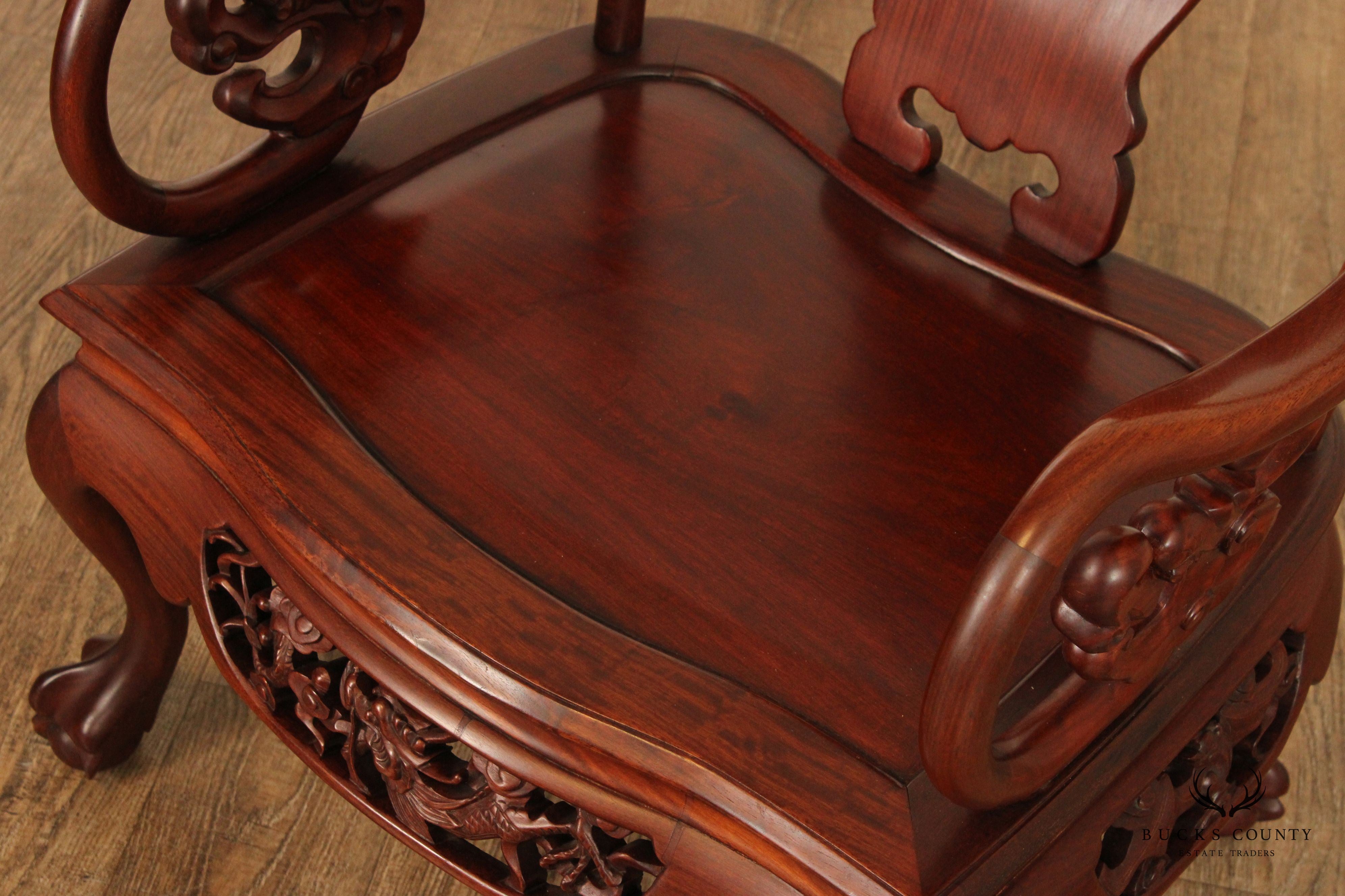 Chinese Pair of Carved Mahogany Throne Armchairs