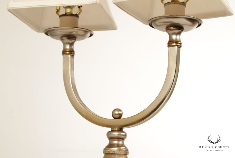 Modern Neoclassical Style Pair of Chrome Two-Light Table Lamps (A)