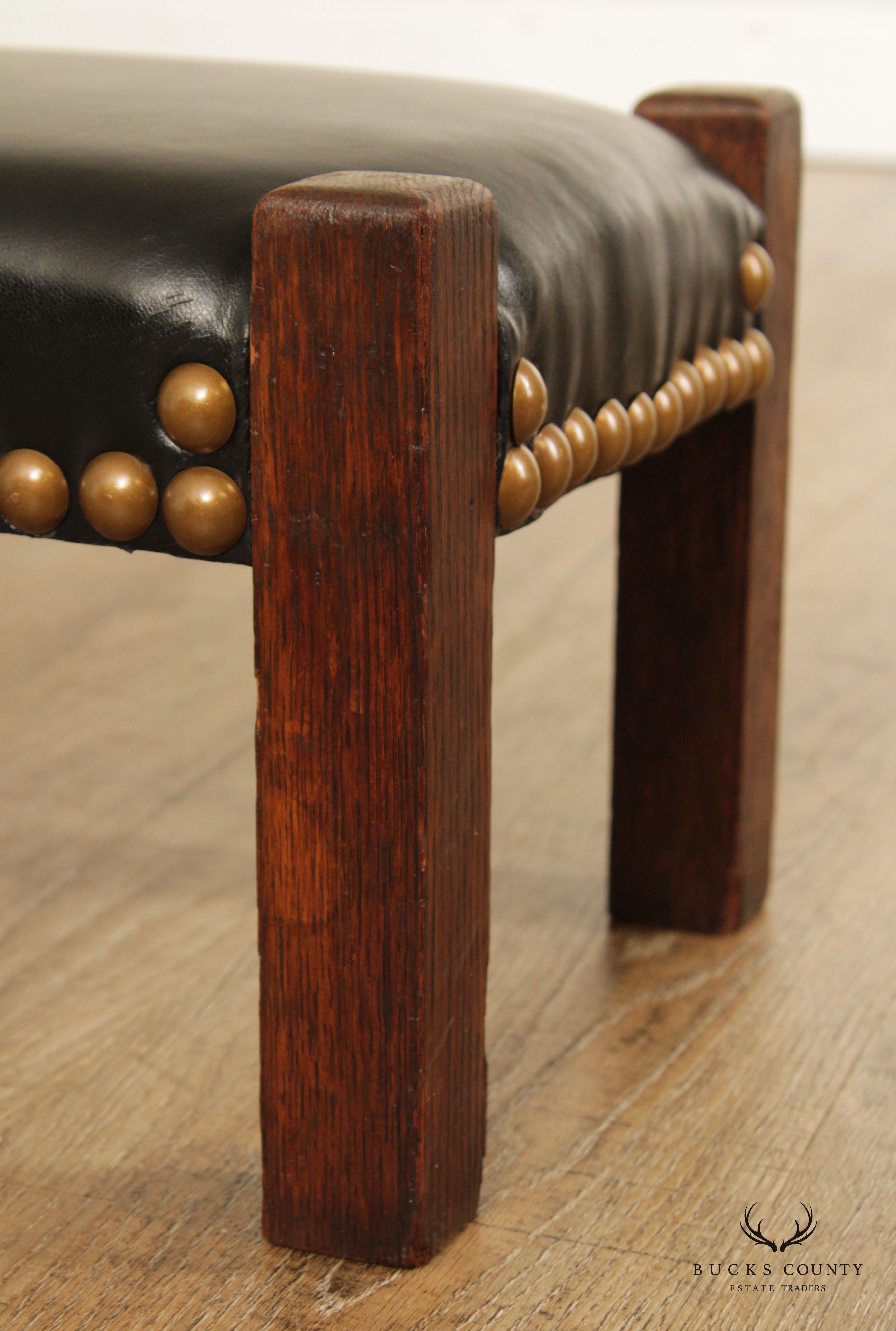 Mission Style Antique Oak and Leather Foot Stool