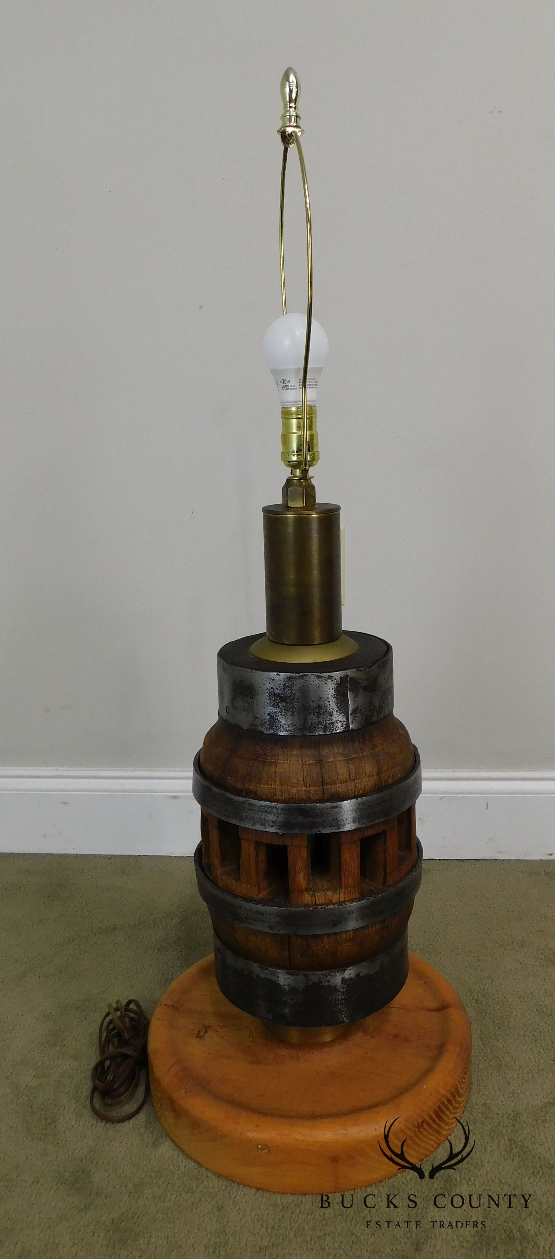 Heavy Wood and Steel Vintage Pair Barrel Table Lamps