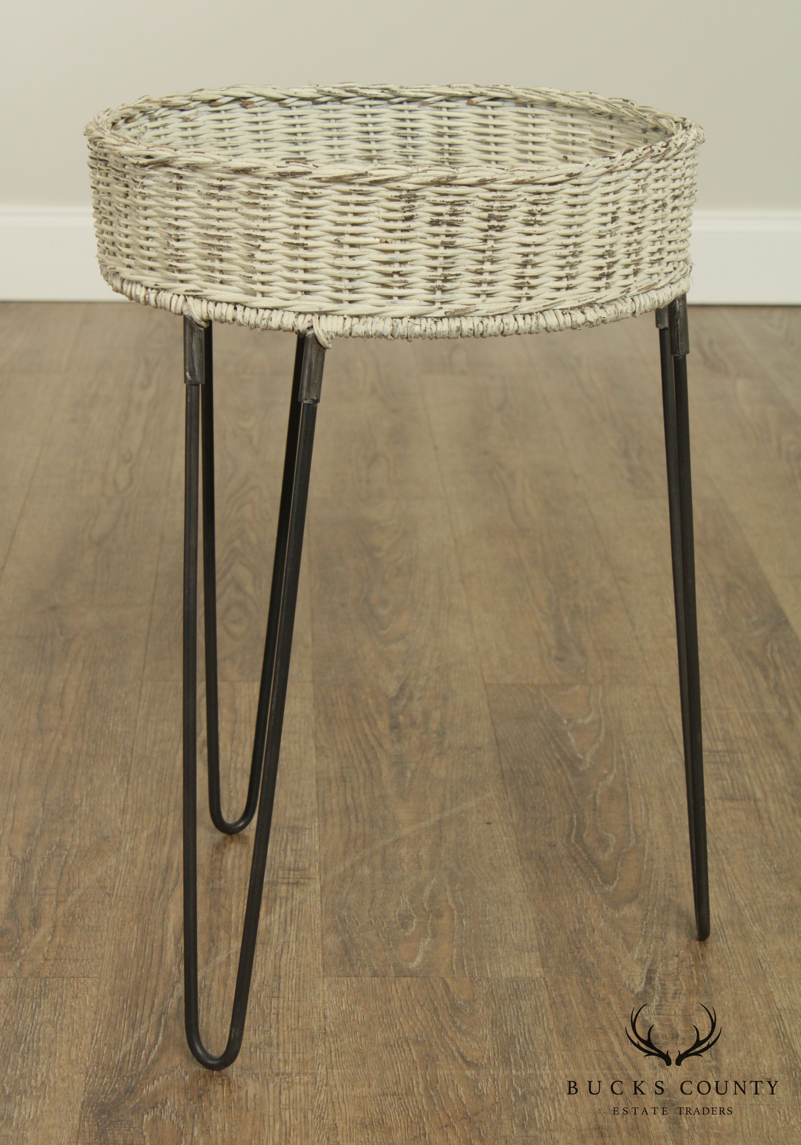 Round Wicker Planter Table With Hairpin Legs