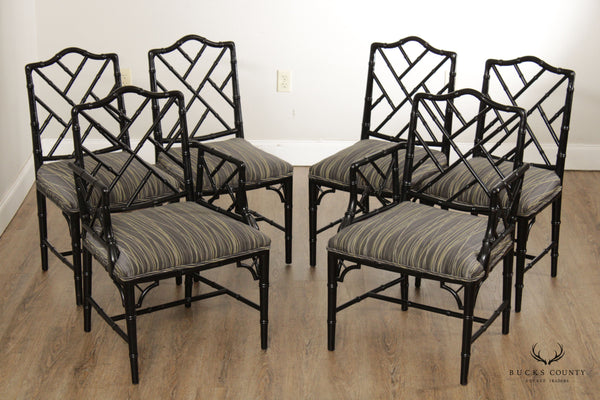 Chinese Chippendale Style Set of Six Faux Bamboo Ebonized Dining Chairs