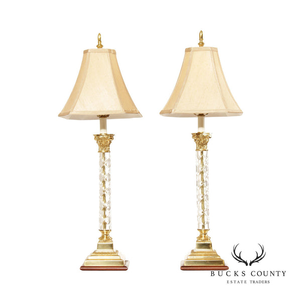 Neoclassical Pair Corinthian Column Cut Crystal Table Lamps