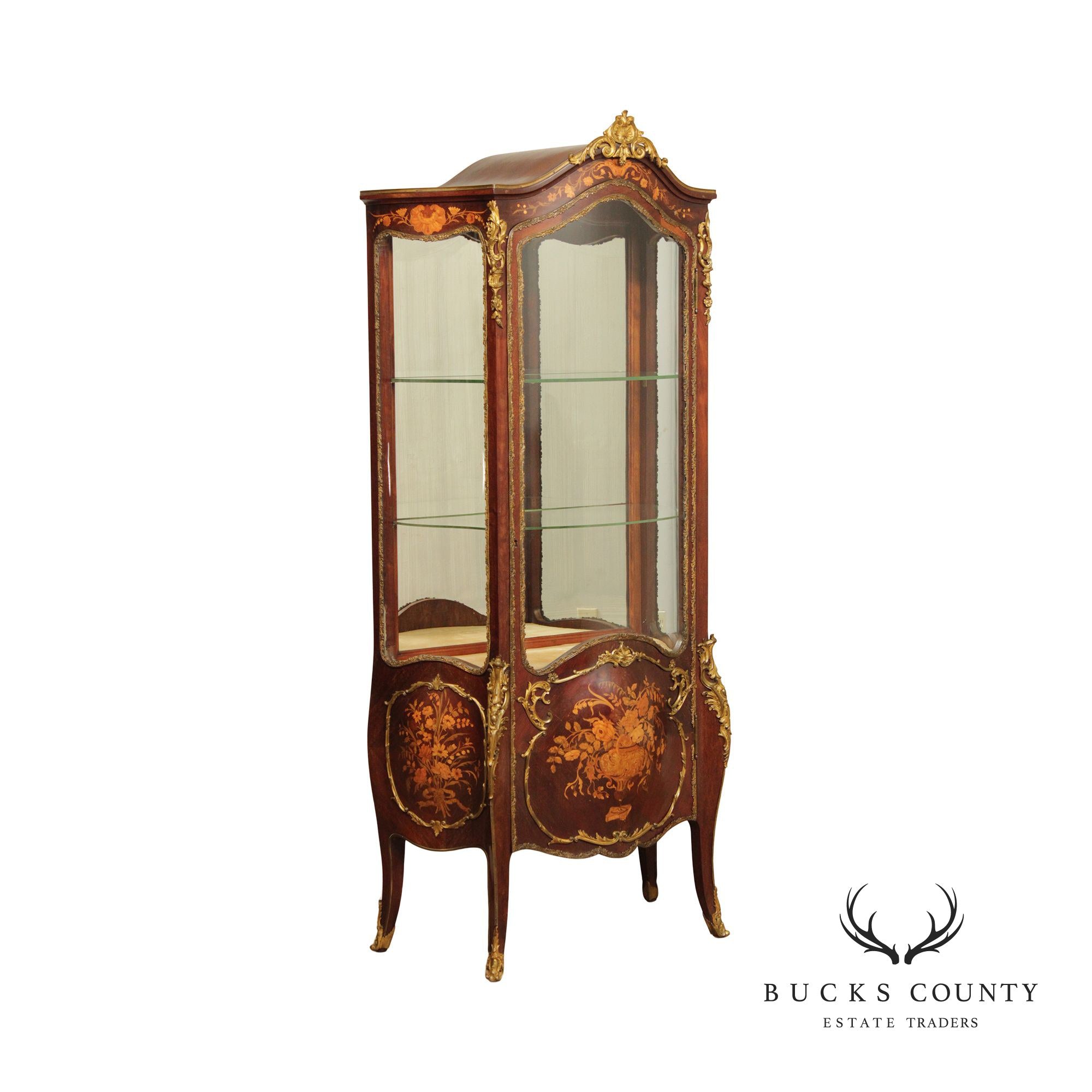 French Louis XV Style Inlaid Vitrine Display Cabinet