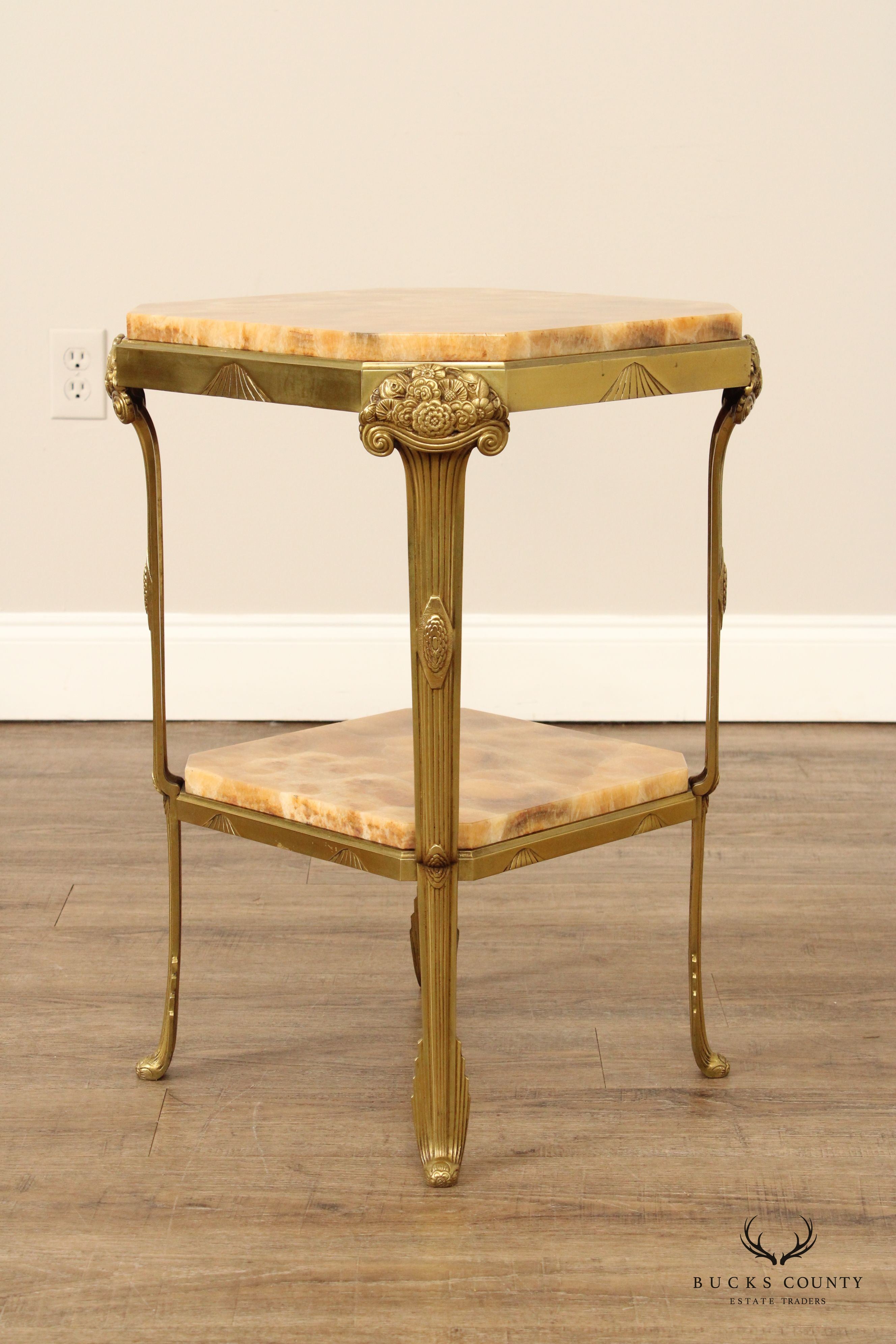 French Art Nouveau Two-Tier Onyx and Brass Side Table