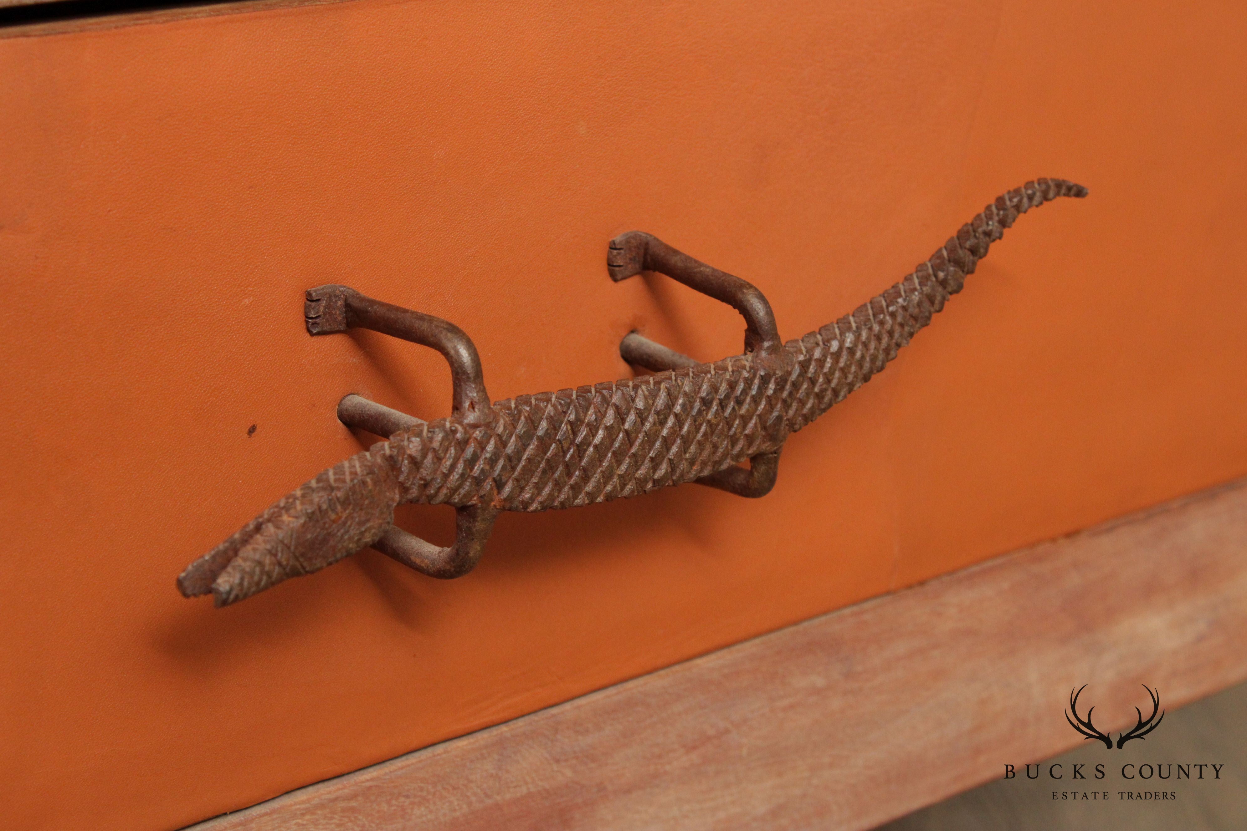 Antique 19th C. Leather Wrapped Hardwood Chest with Iron Crocodile Hardware