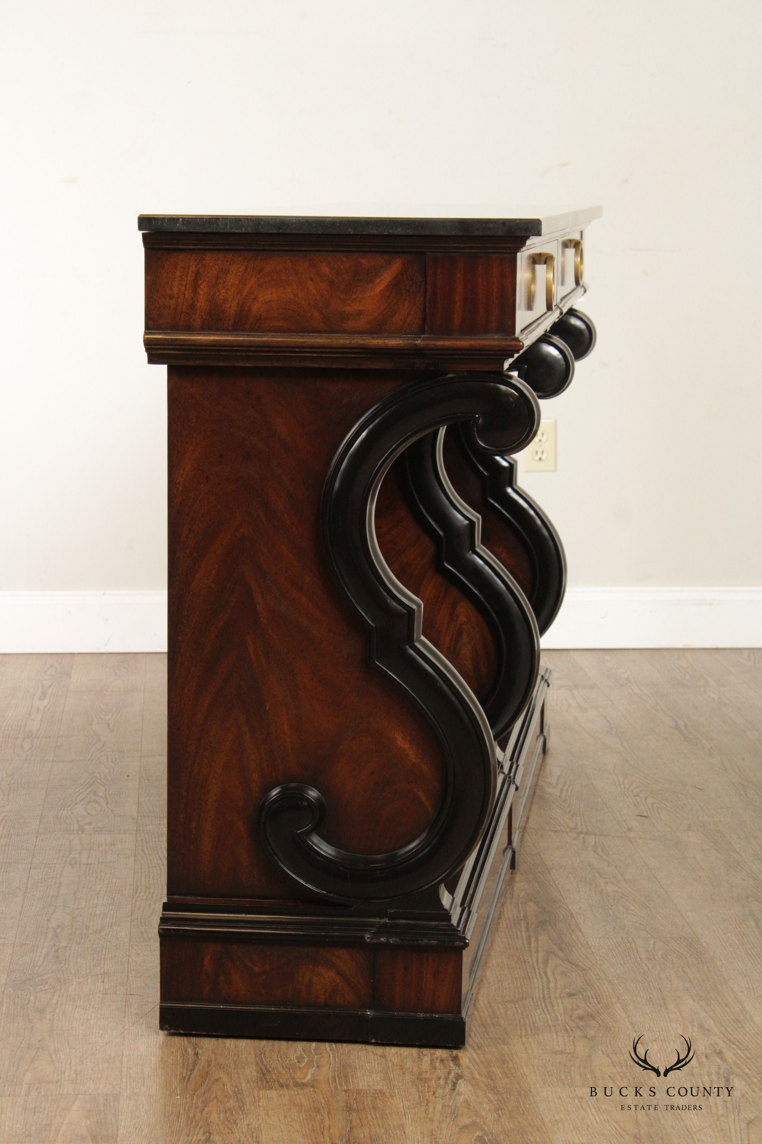 Mahogany Regency Style Granite Top Sideboard with Scroll Brackets