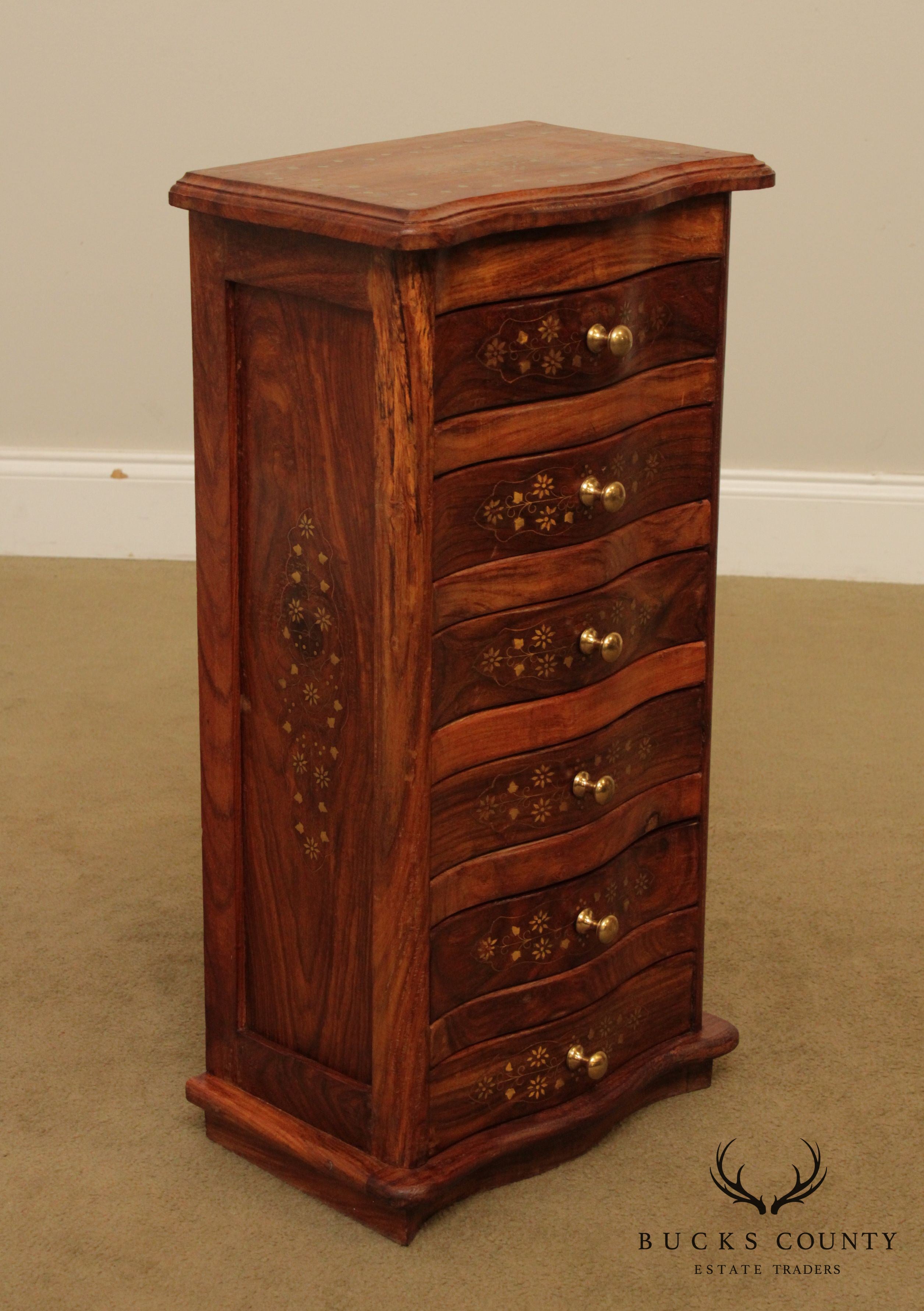 Quality Indian Rosewood Brass Inlaid Narrow 6 Drawer Chest