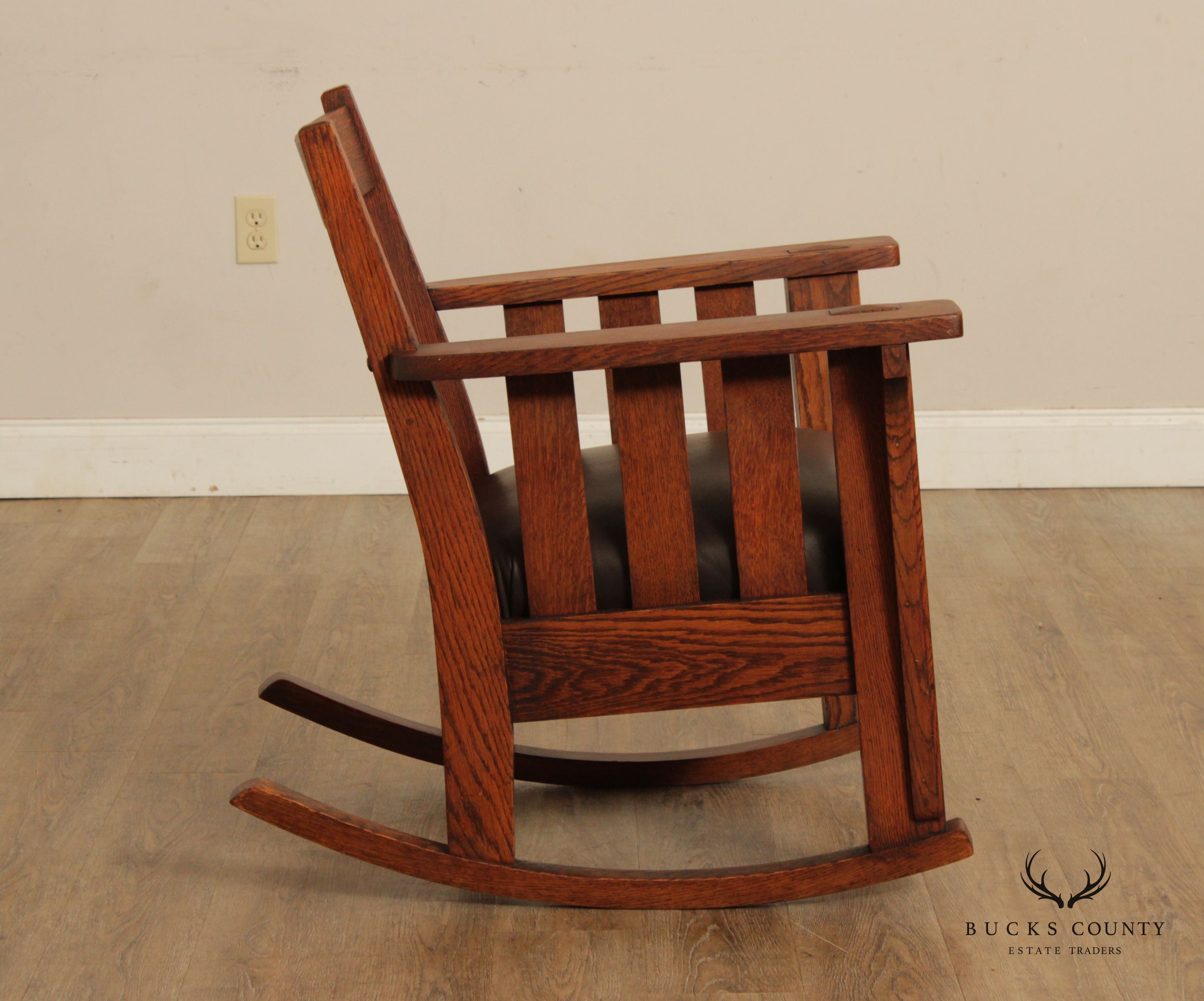 Harden Antique Mission Oak And Leather Pair Of Rockers