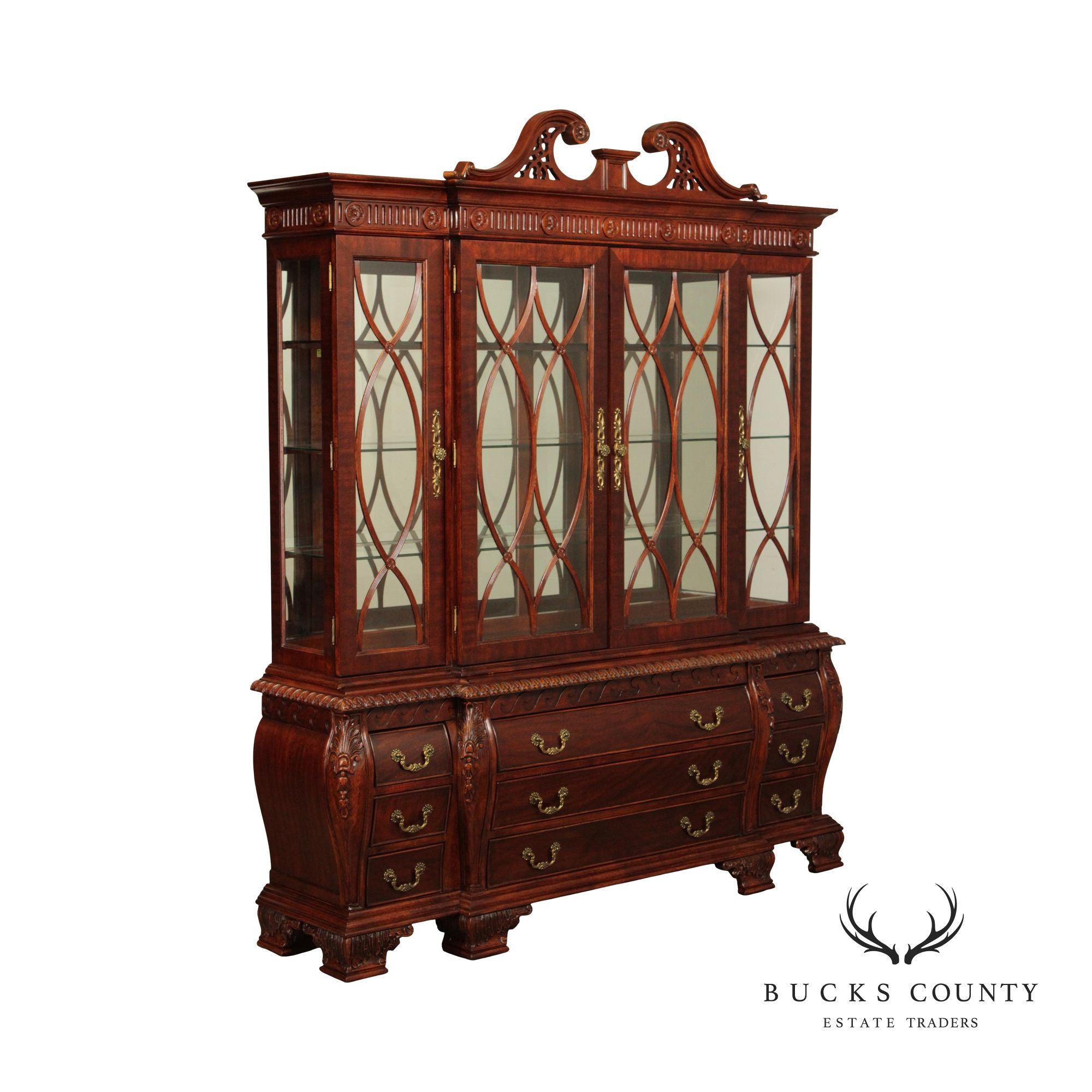 Federal Style Carved Mahogany Lighted Breakfront China Cabinet