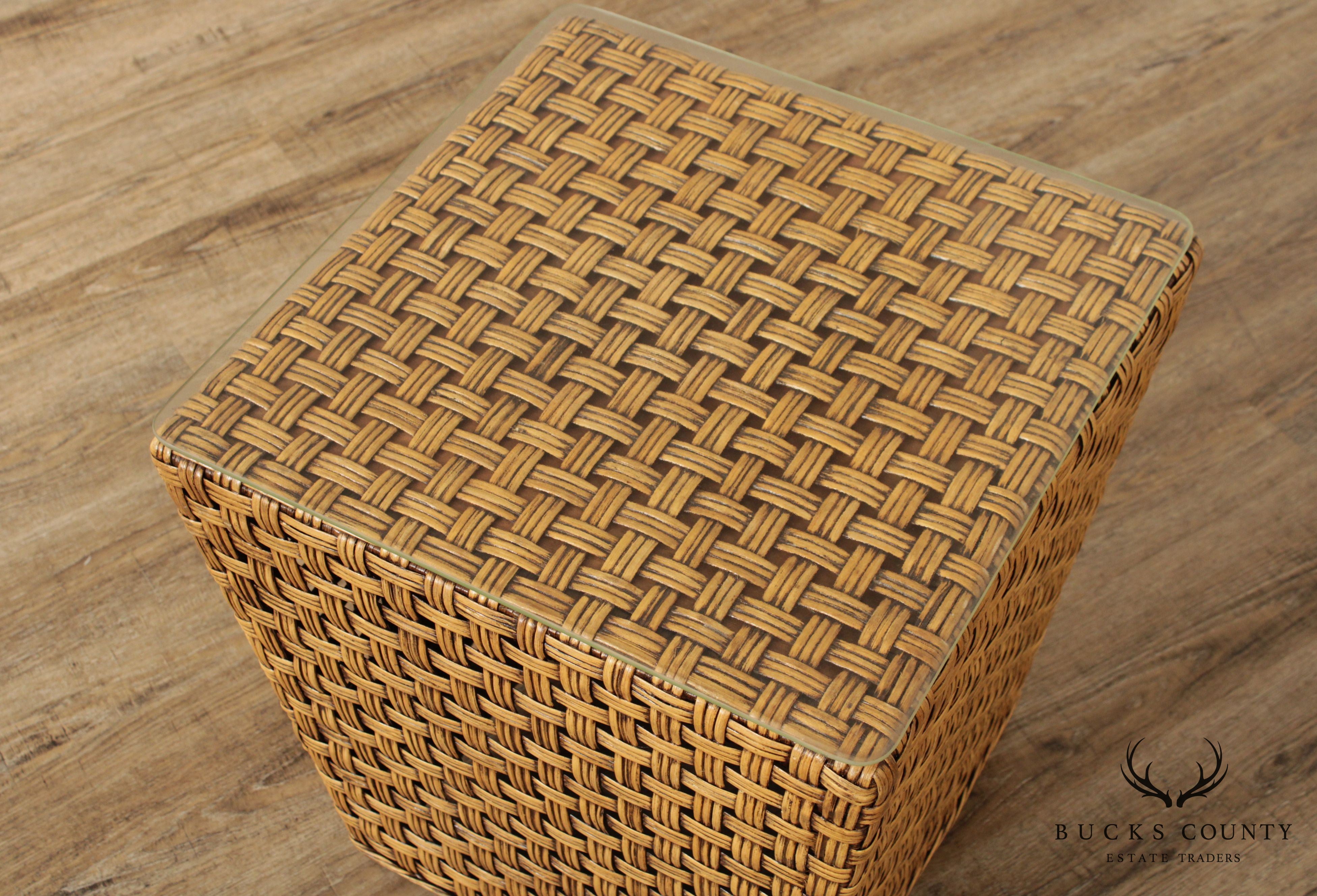 Vintage Woven Wicker Square Glass Top Side Table