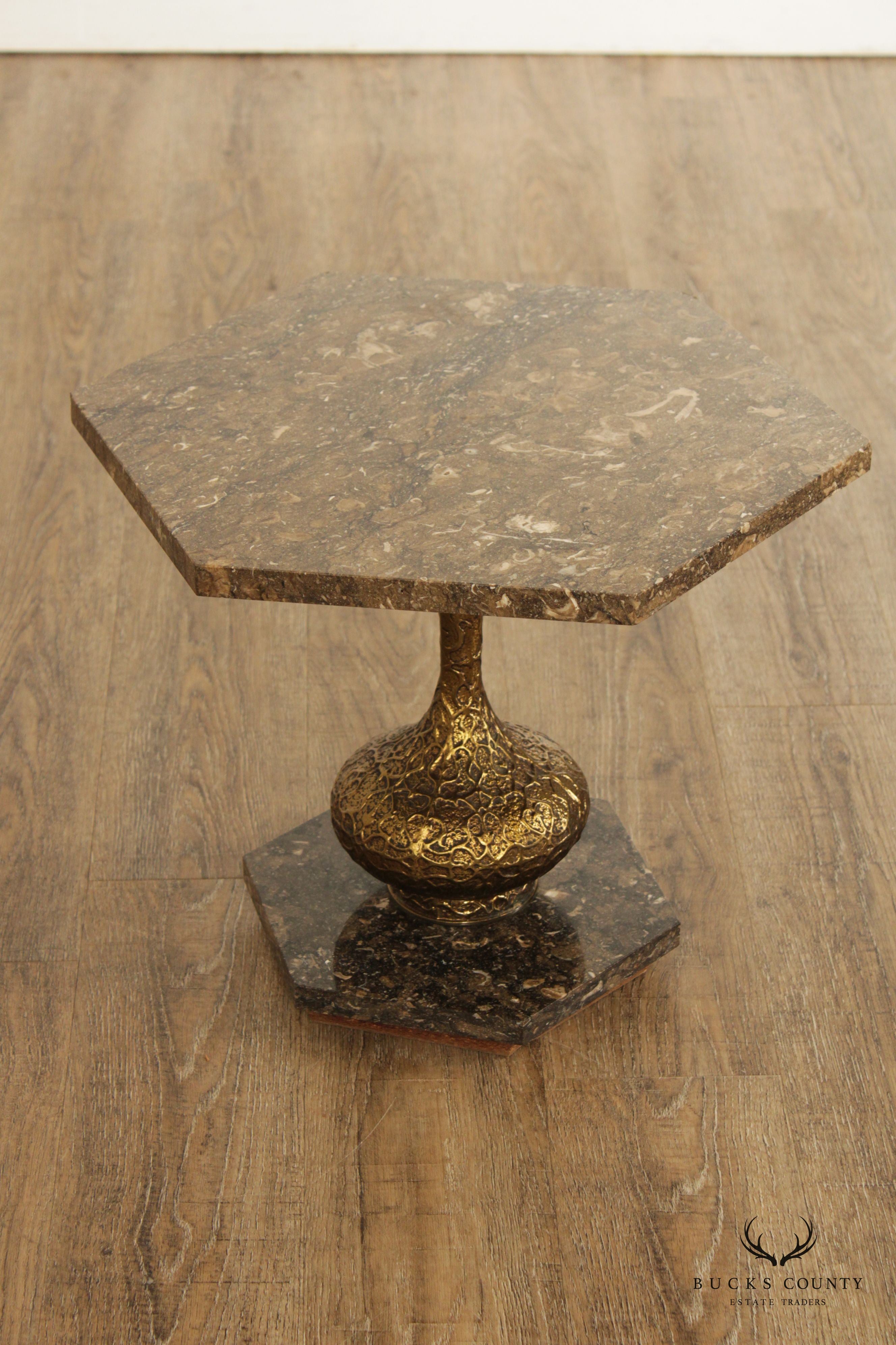 Hollywood Regency Pair Marble Hexagon Side Tables