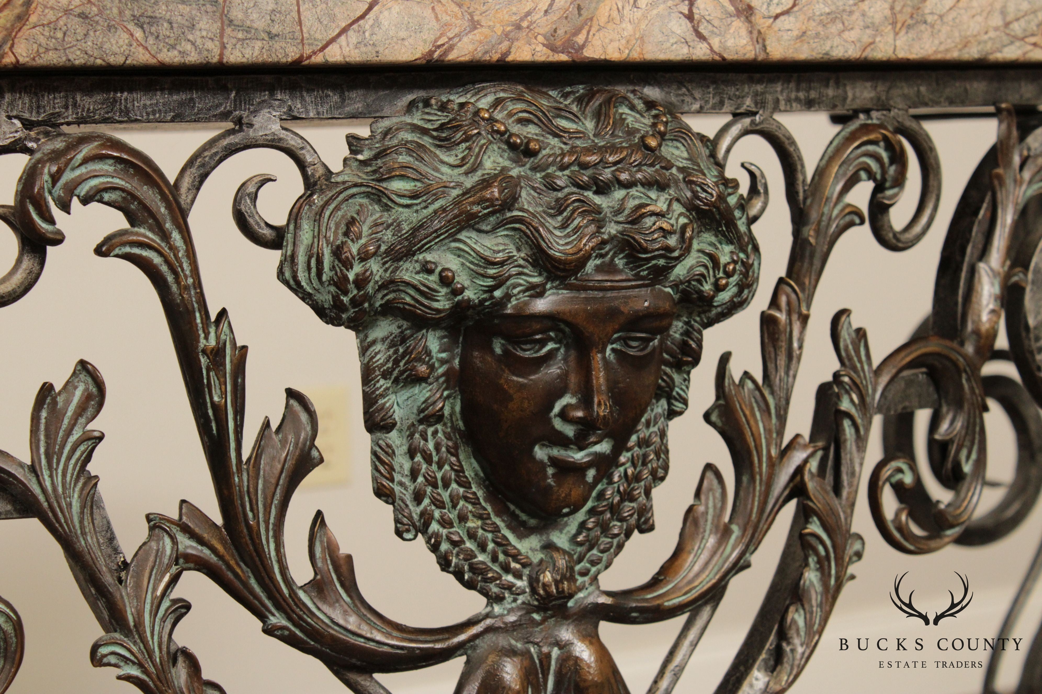 Maitland Smith Louis XIV Style Wrought Iron and Bronze Marble Top Console with Mirror