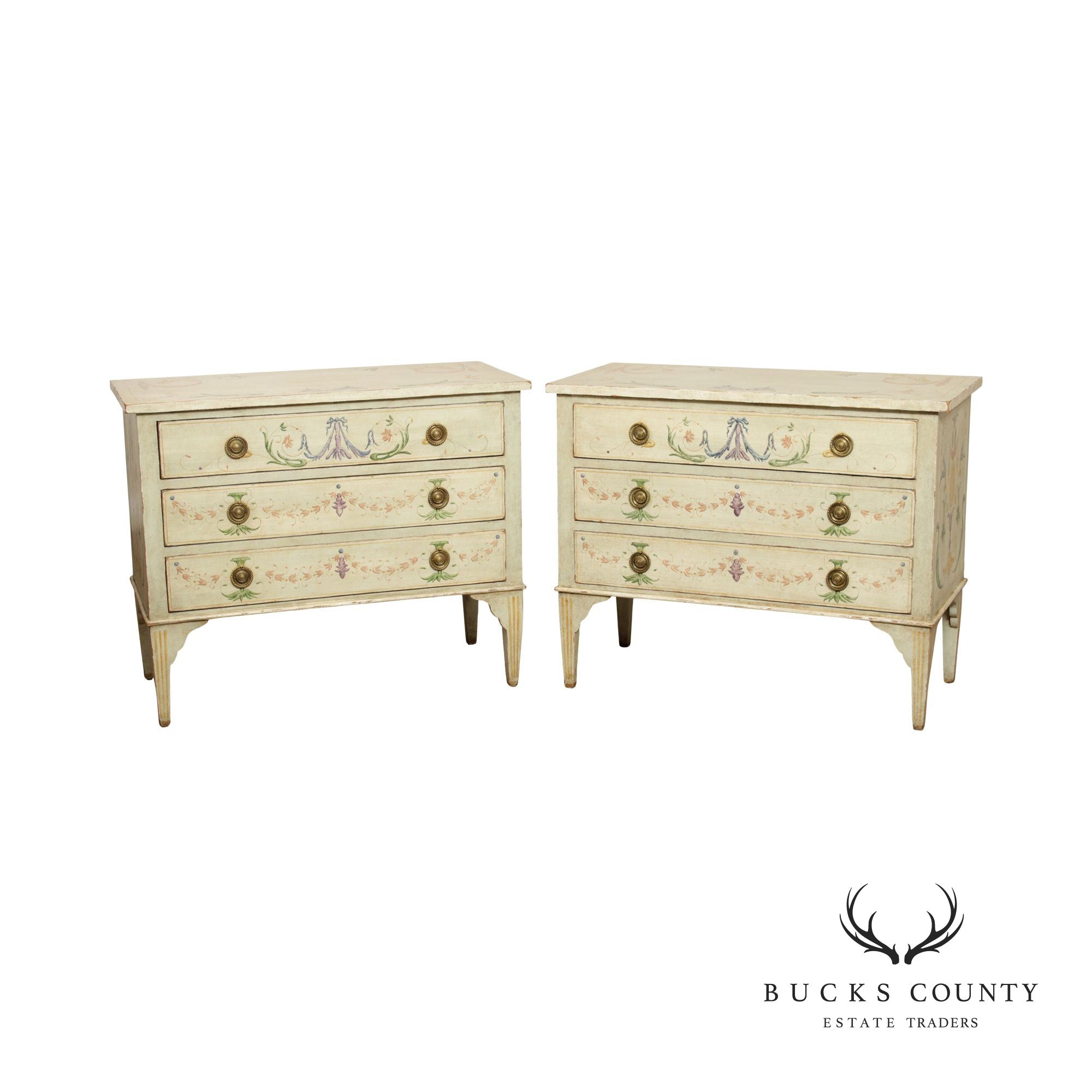 Niermann Weeks Hand Painted Pair Neoclassical Style Commodes