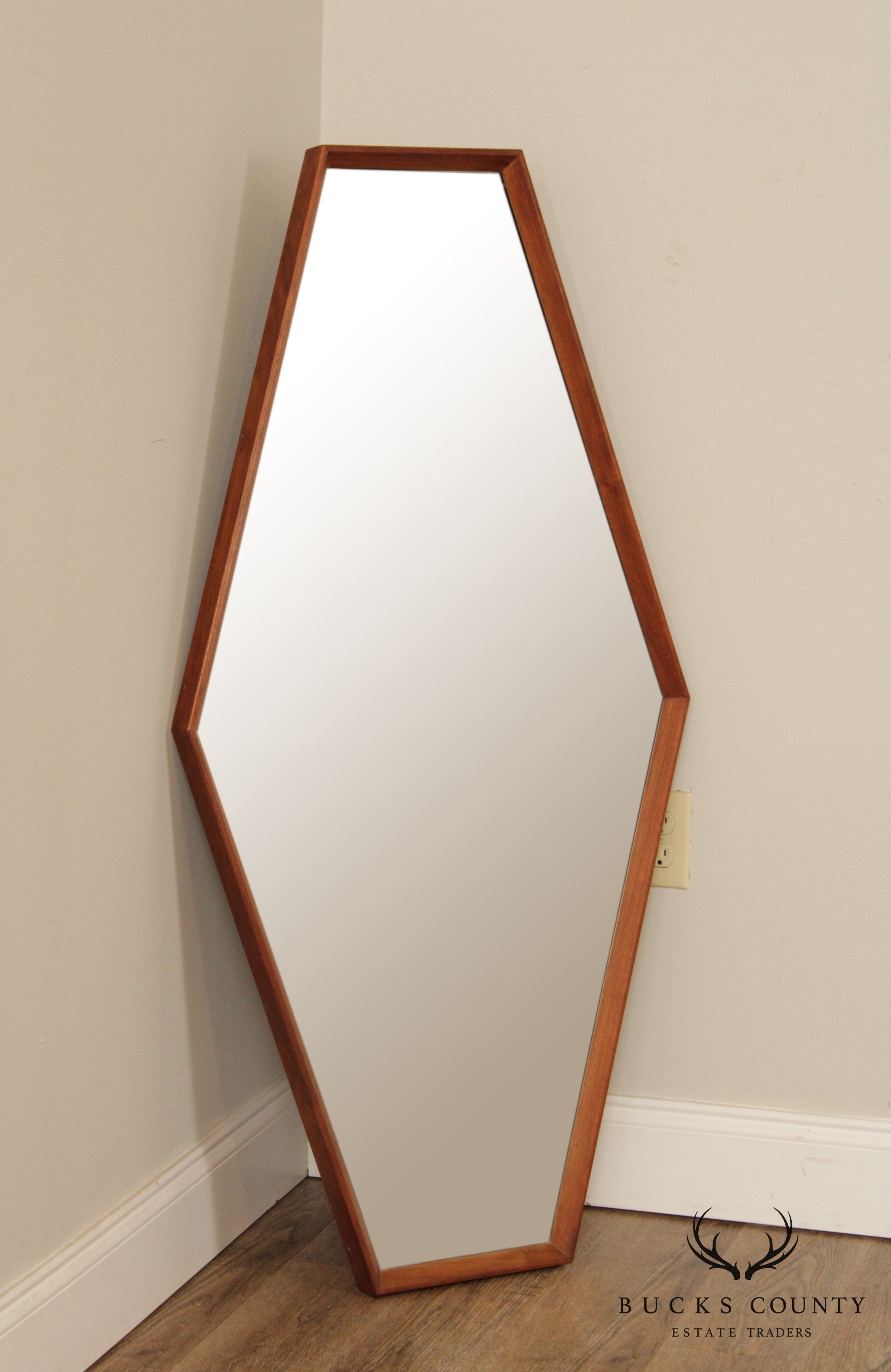 Mid Century Modern Walnut Hexagon Wall  Mirror