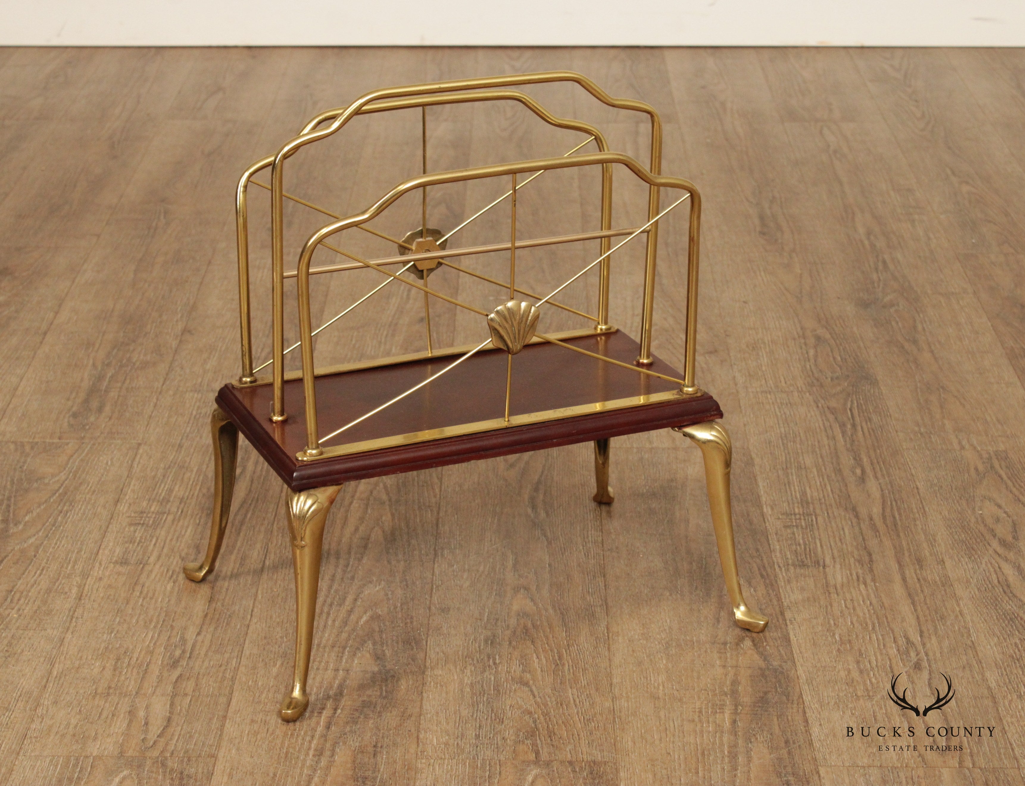 Decorative Crafts Inc. Regency Style Pair of Brass and Cherry Magazine Racks