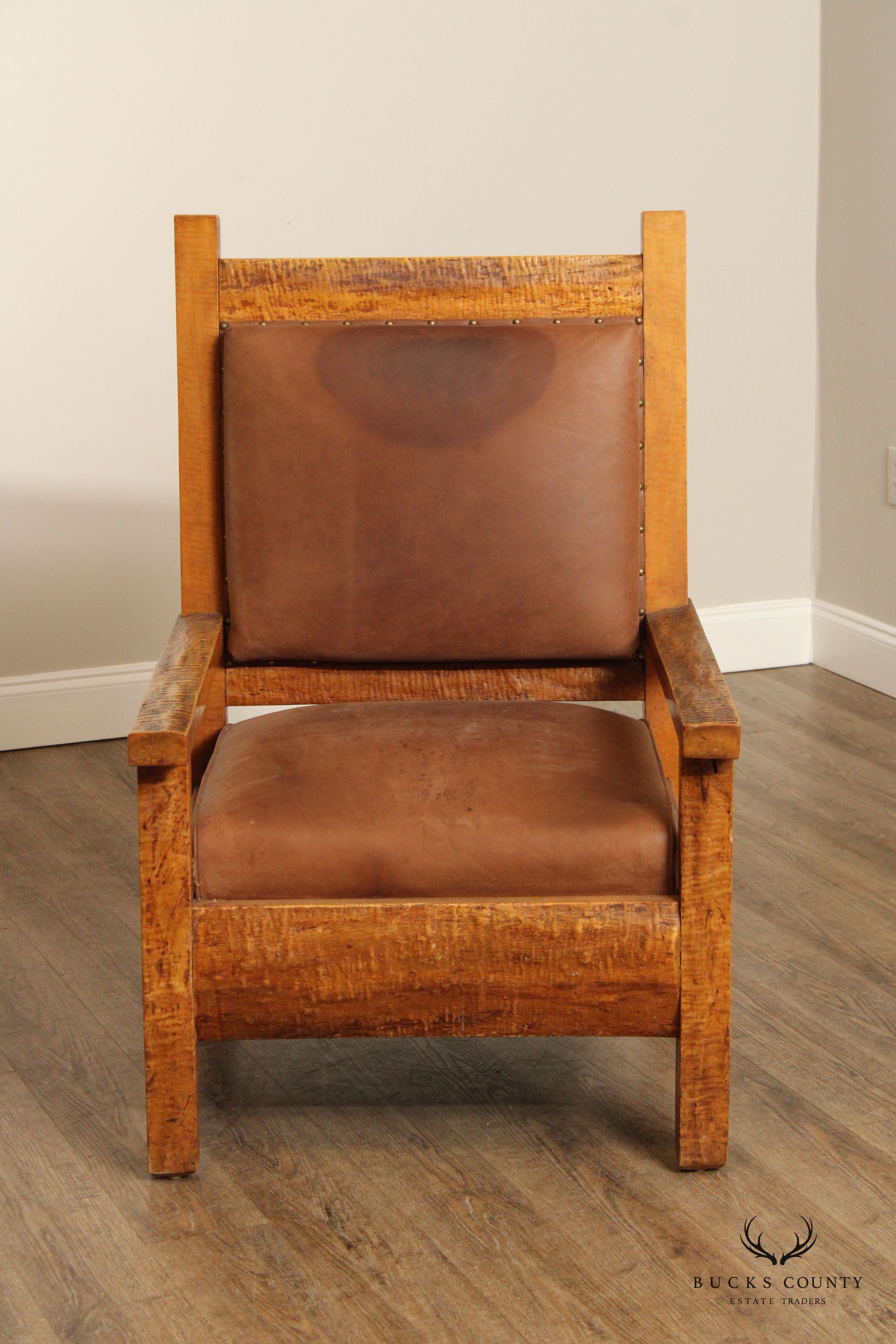 ANTIQUE ADIRONDACK MISSION STYLE TIGER MAPLE ARMCHAIR