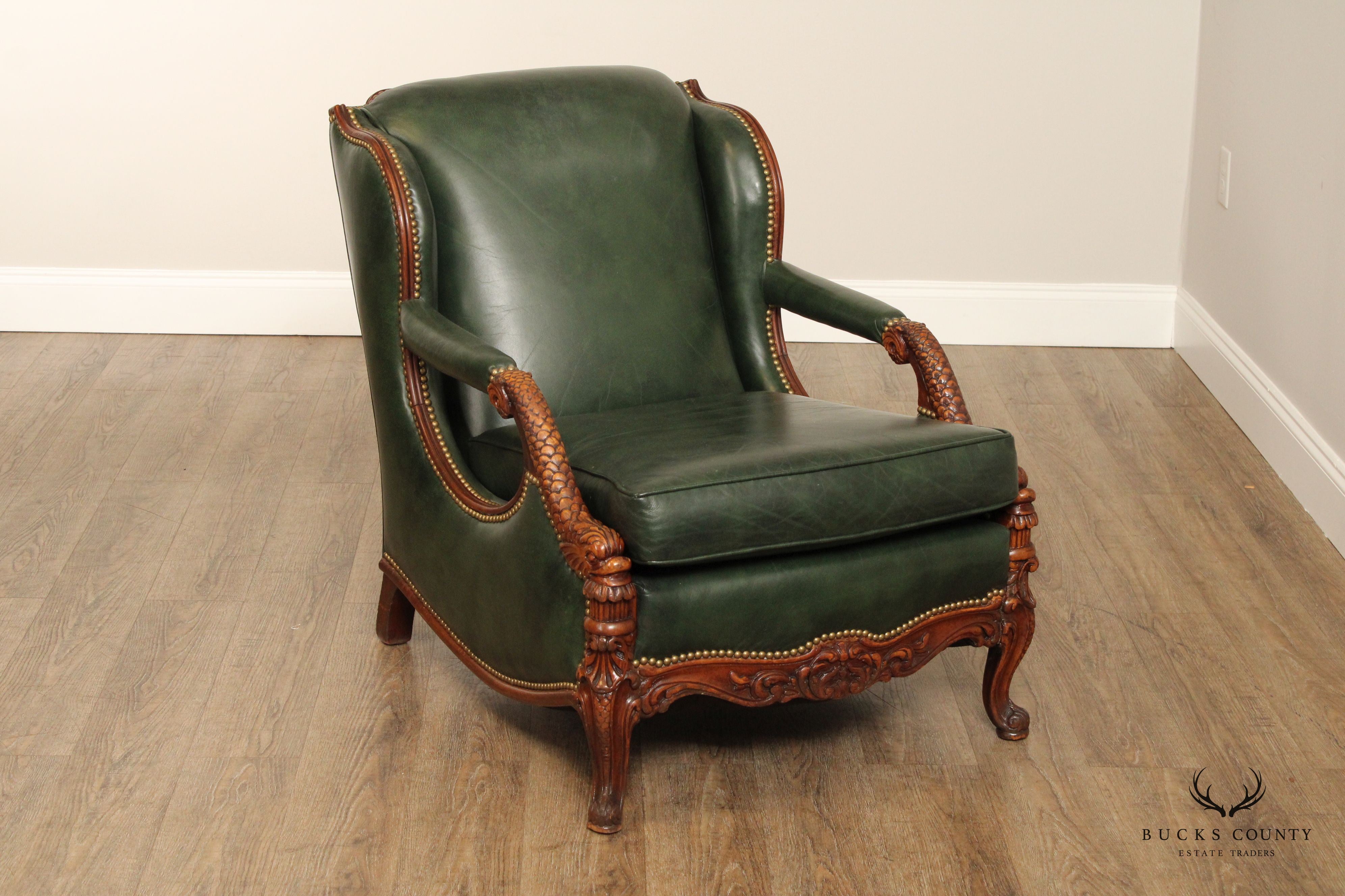 1930's French Regency Style Carved Mahogany and Leather Lounge Chair