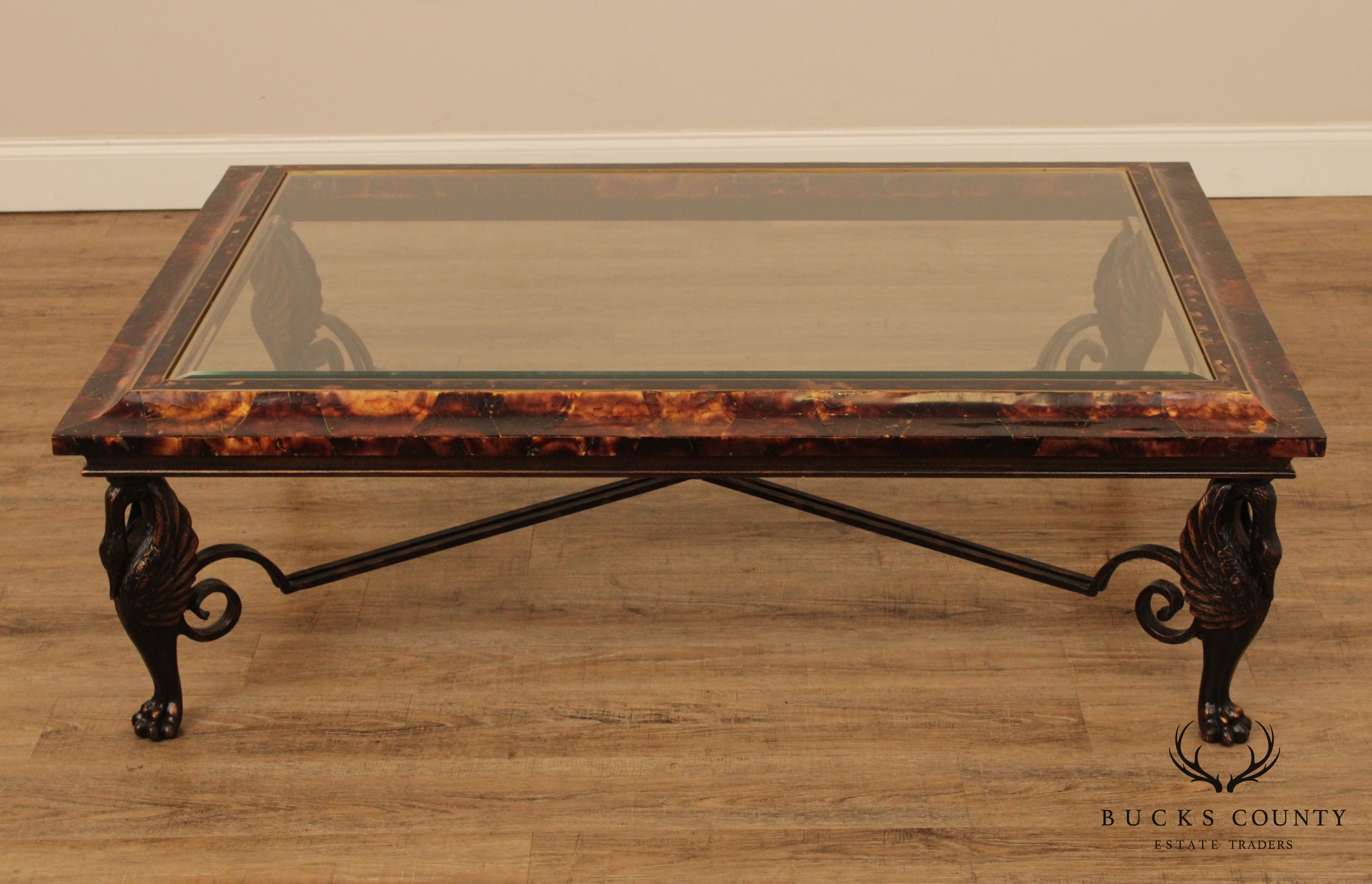 Maitland Smith Large Glass Top Faux Tortoise Shell Coffee Table w/ Swan Legs