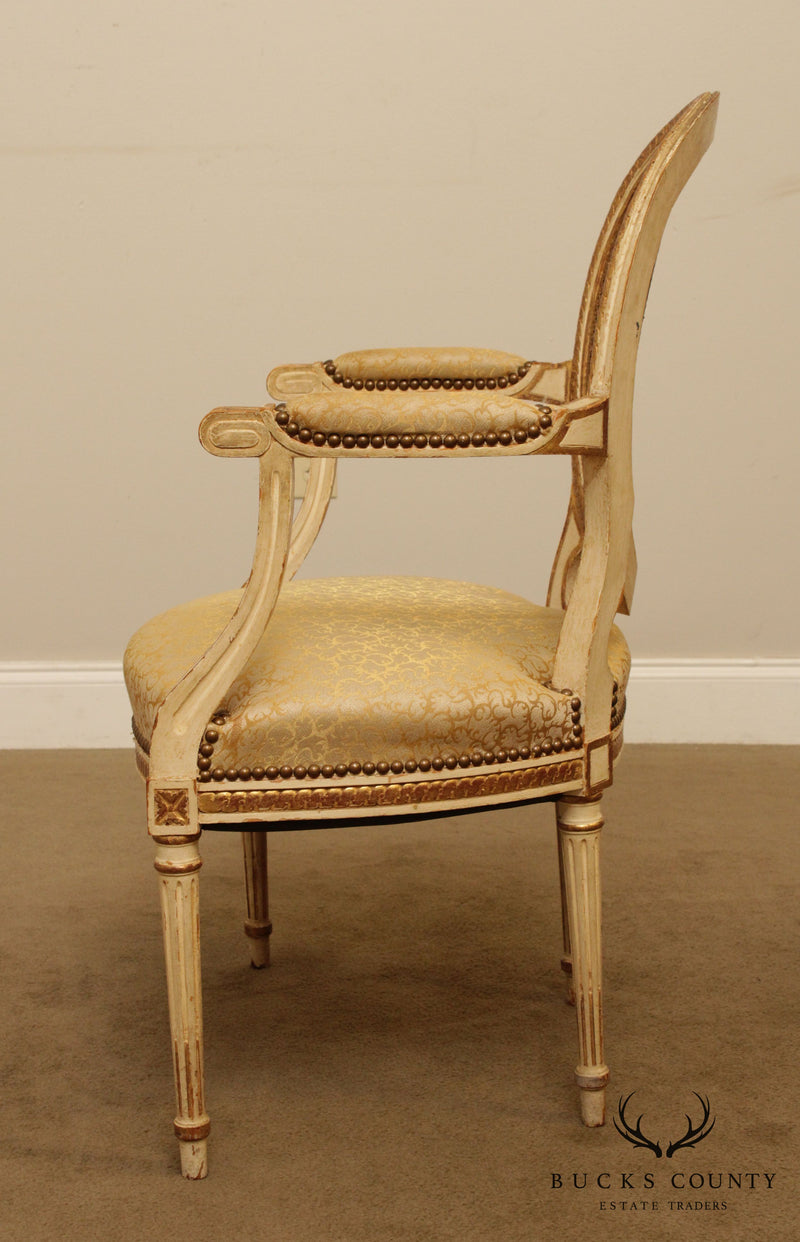 French Louis XVI Style Vintage Pair Partial Gilt Painted Cane Back Armchairs