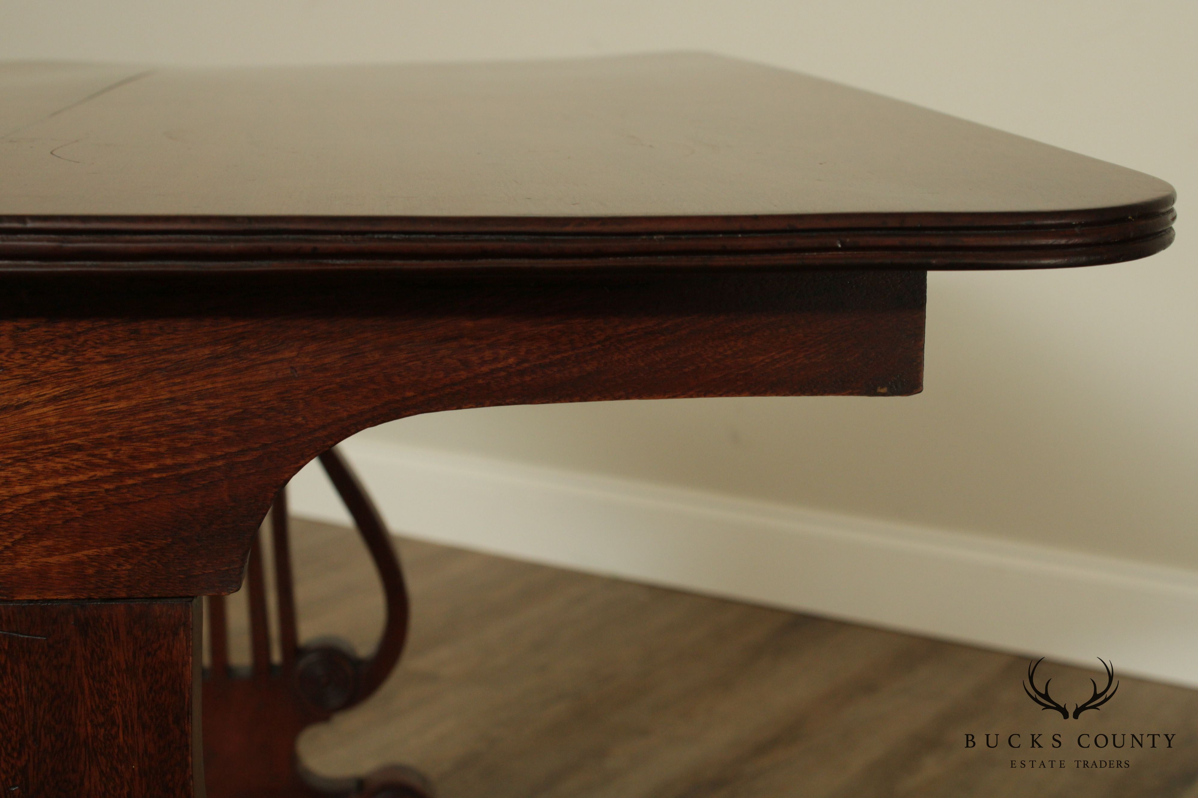 Antique English Regency Style Mahogany Lyre Base Console Library Table