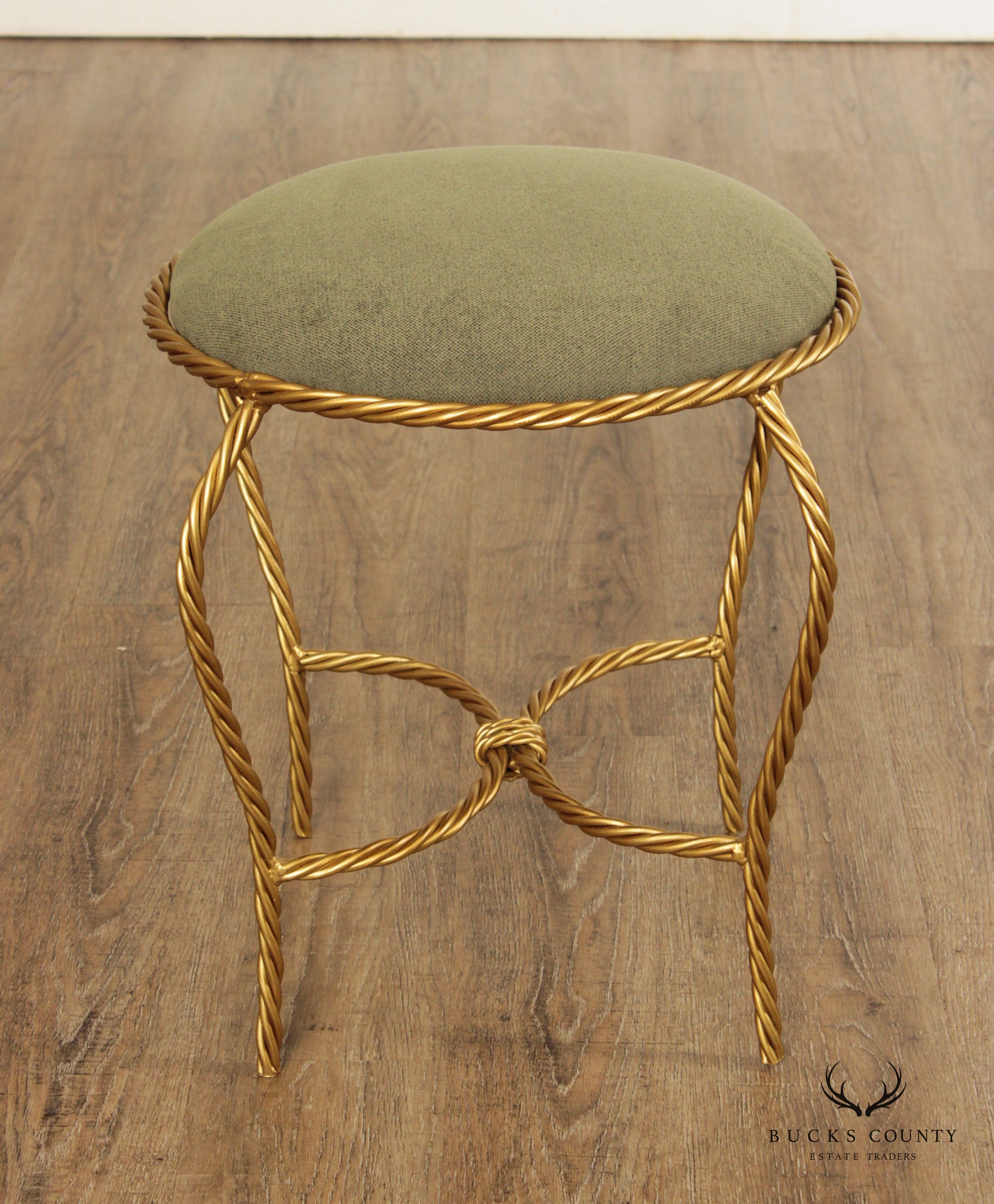 Italian Hollywood Regency Pair Gilt Rope Twist Stools