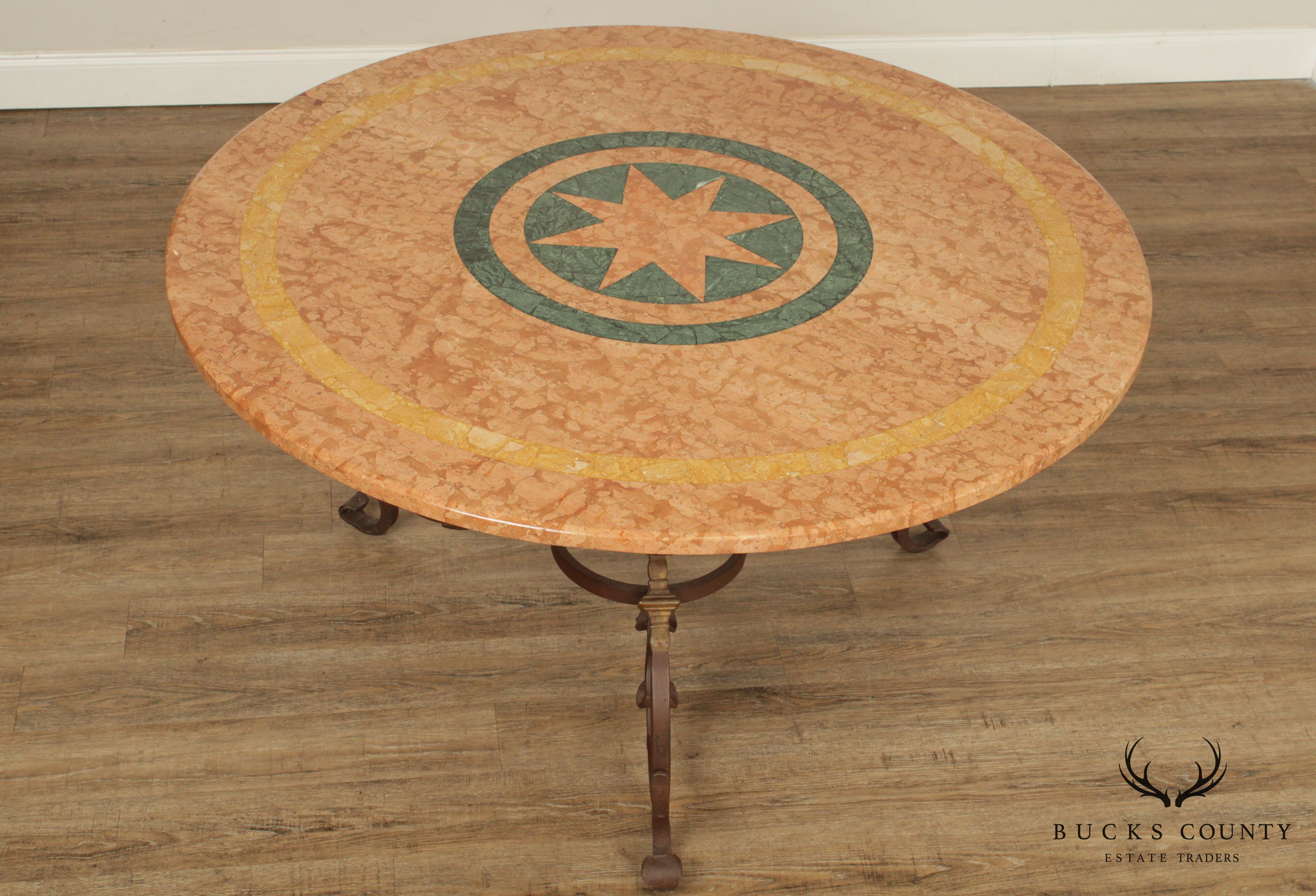 Tuscan Style Iron Scroll Base Round Marble Top Dining Table