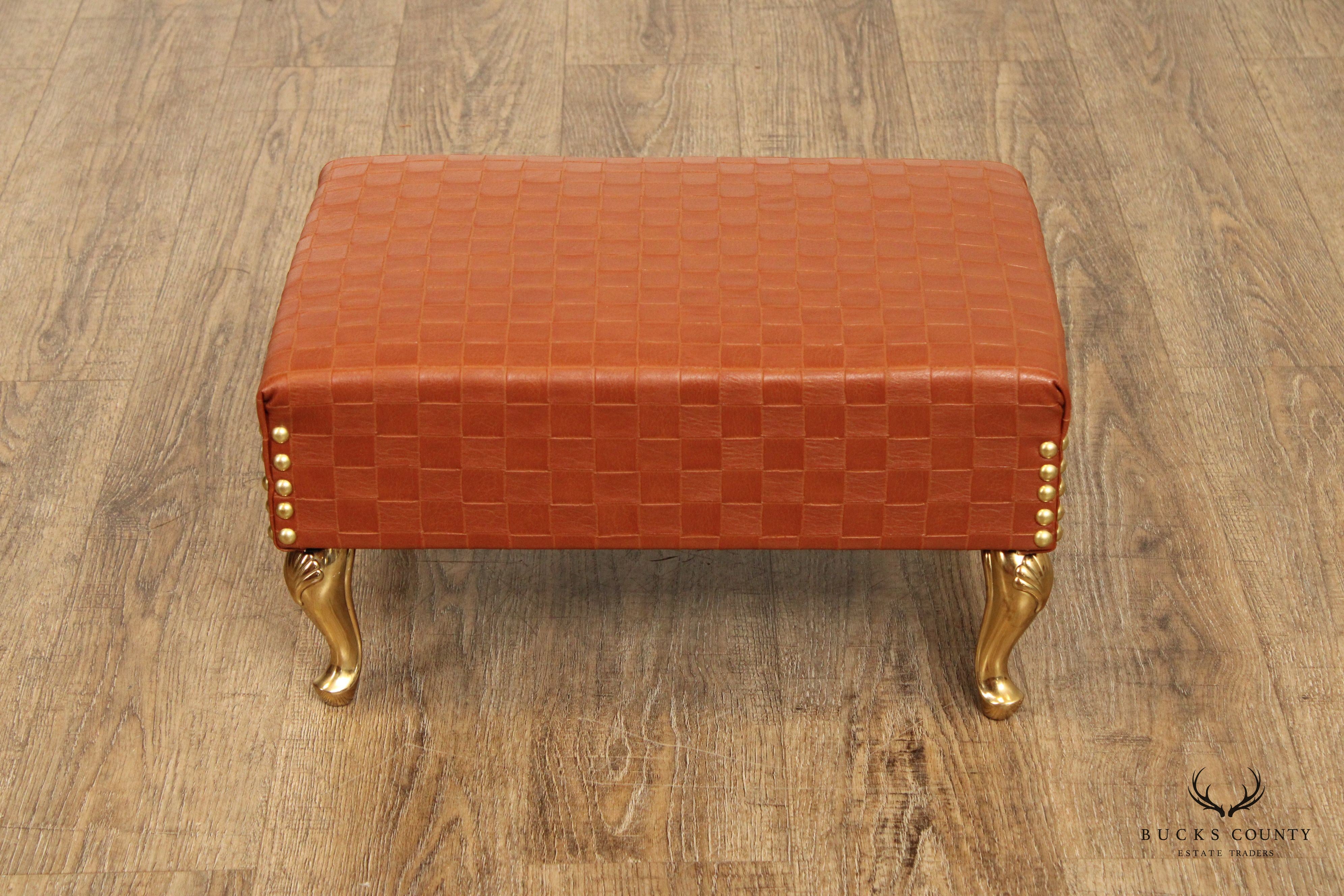 Italian Hollywood Regency Pair of Brass and Leather Foot Stools