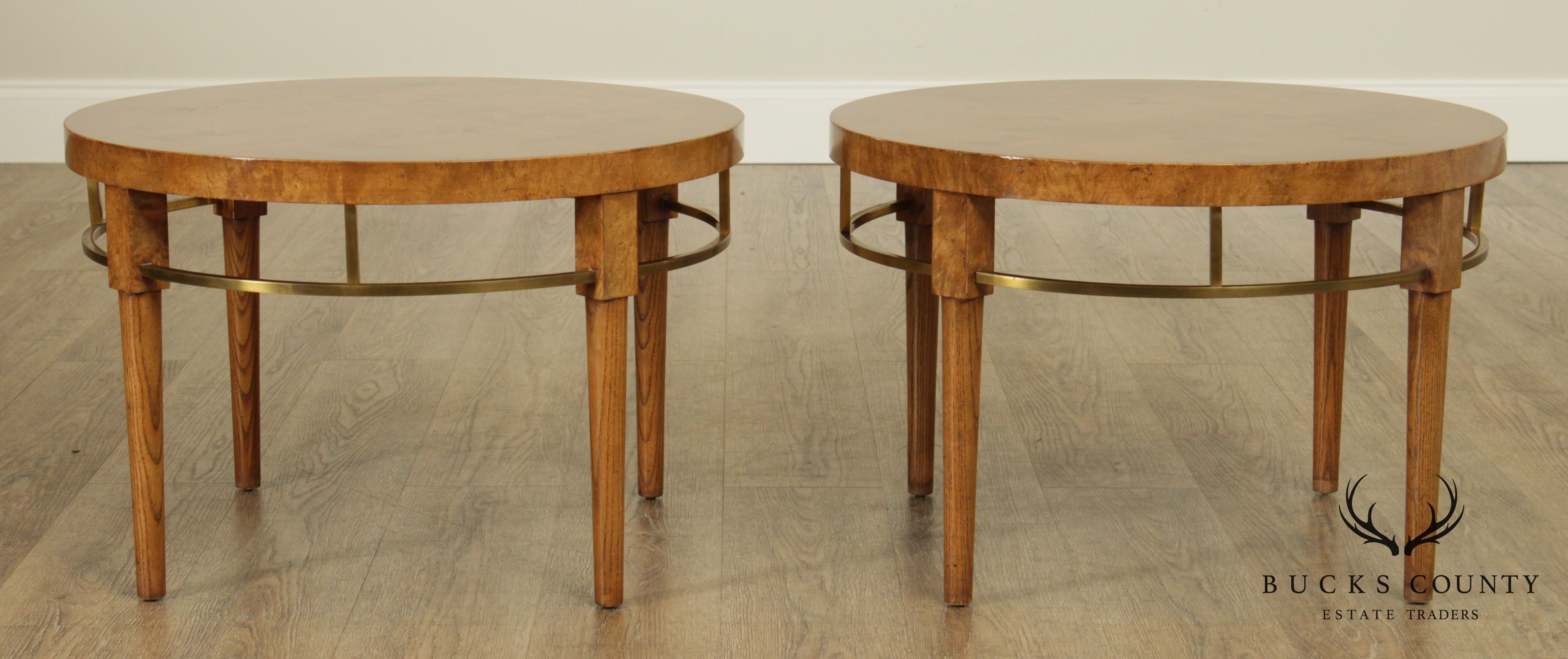 Mid Century Modern Pair Round Burl Wood and Brass Bow Tie Inlaid Side Tables