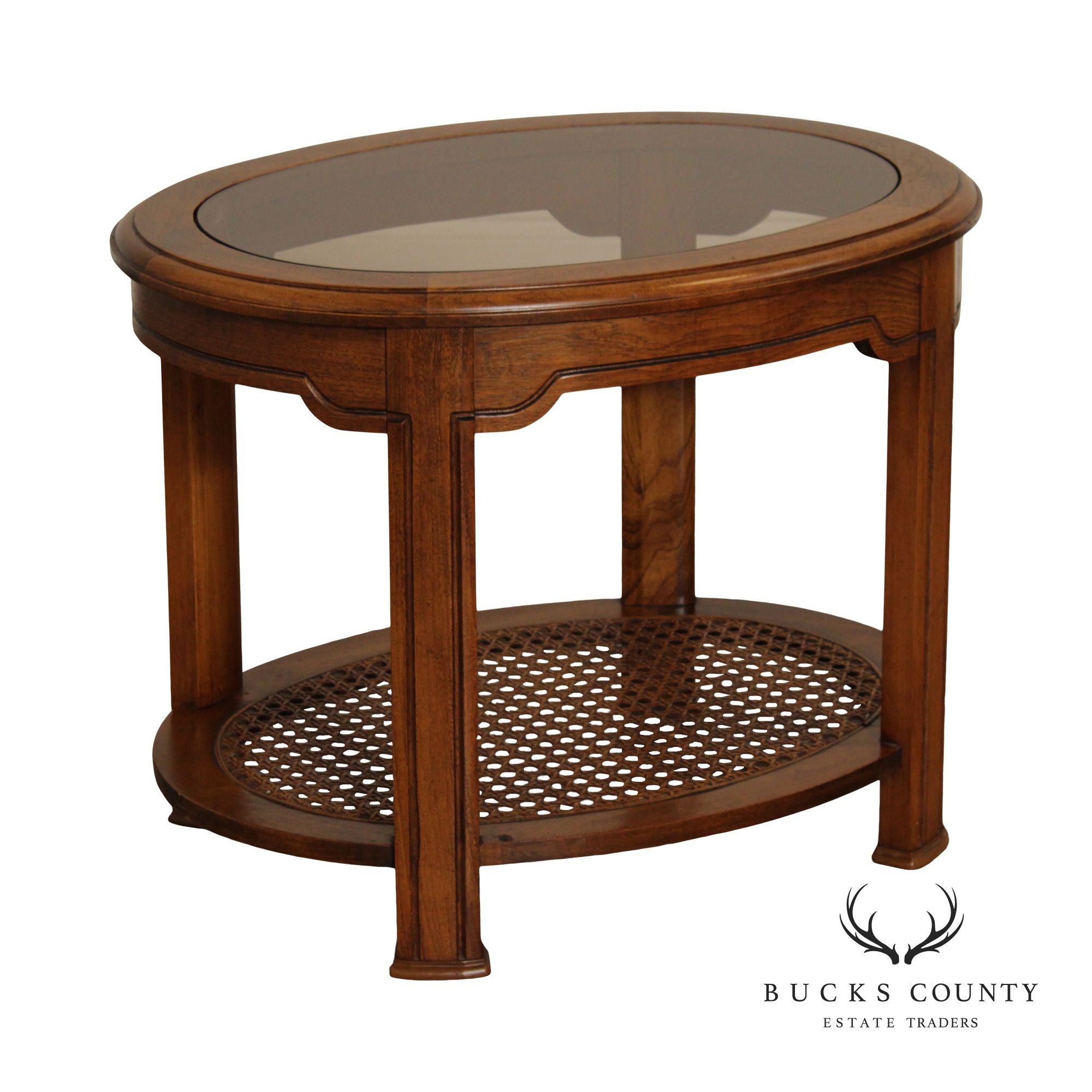 Asian Inspired Vintage Oval Two-Tier Glass Top End Table