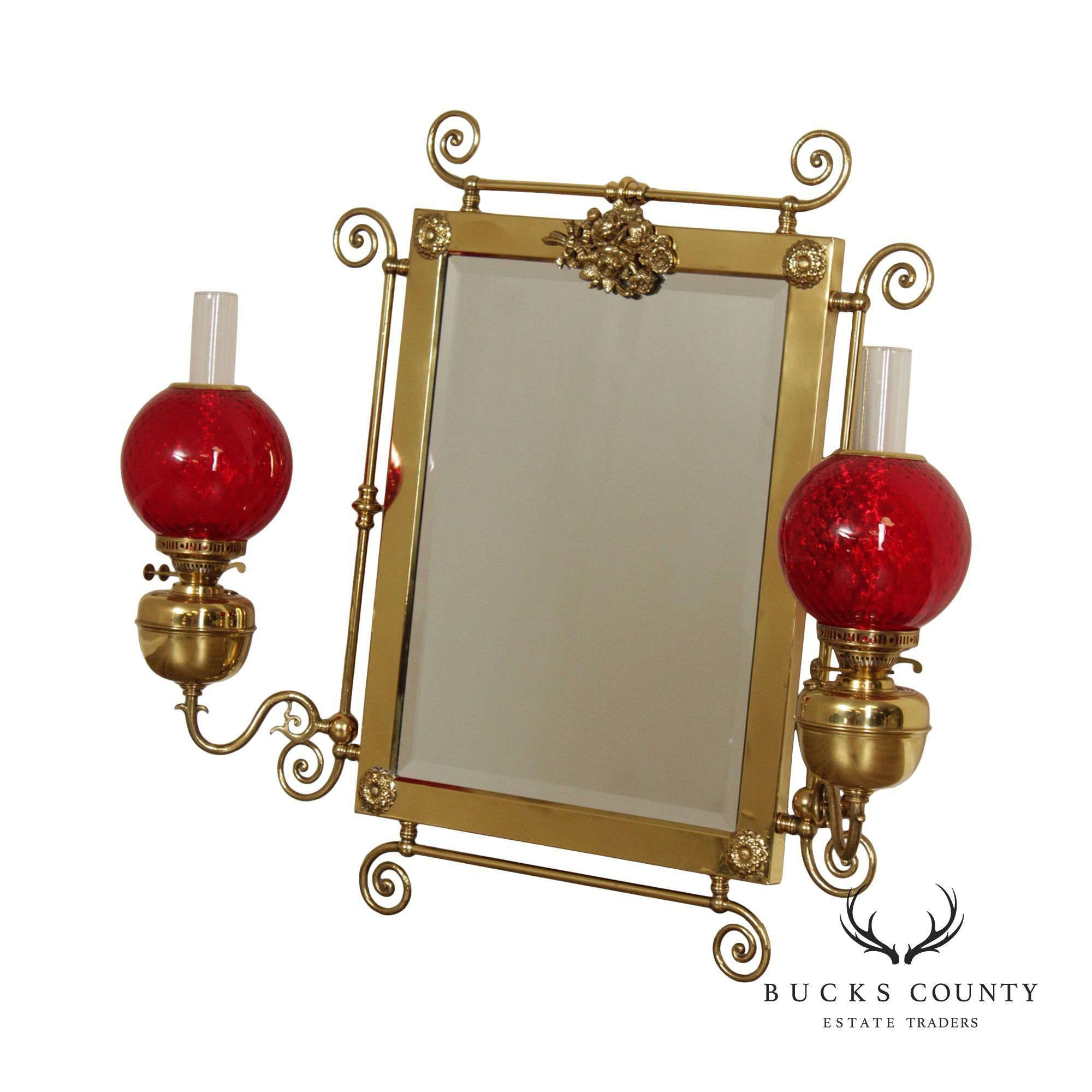 Victorian Brass Oil Lamp Candelabra Wall Mirror