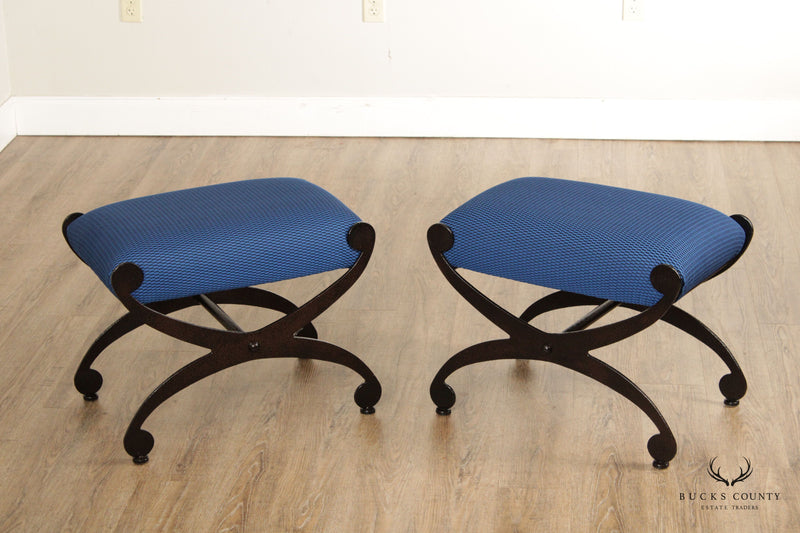Mid Century Modern Pair of X-Base Iron Stools or Benches