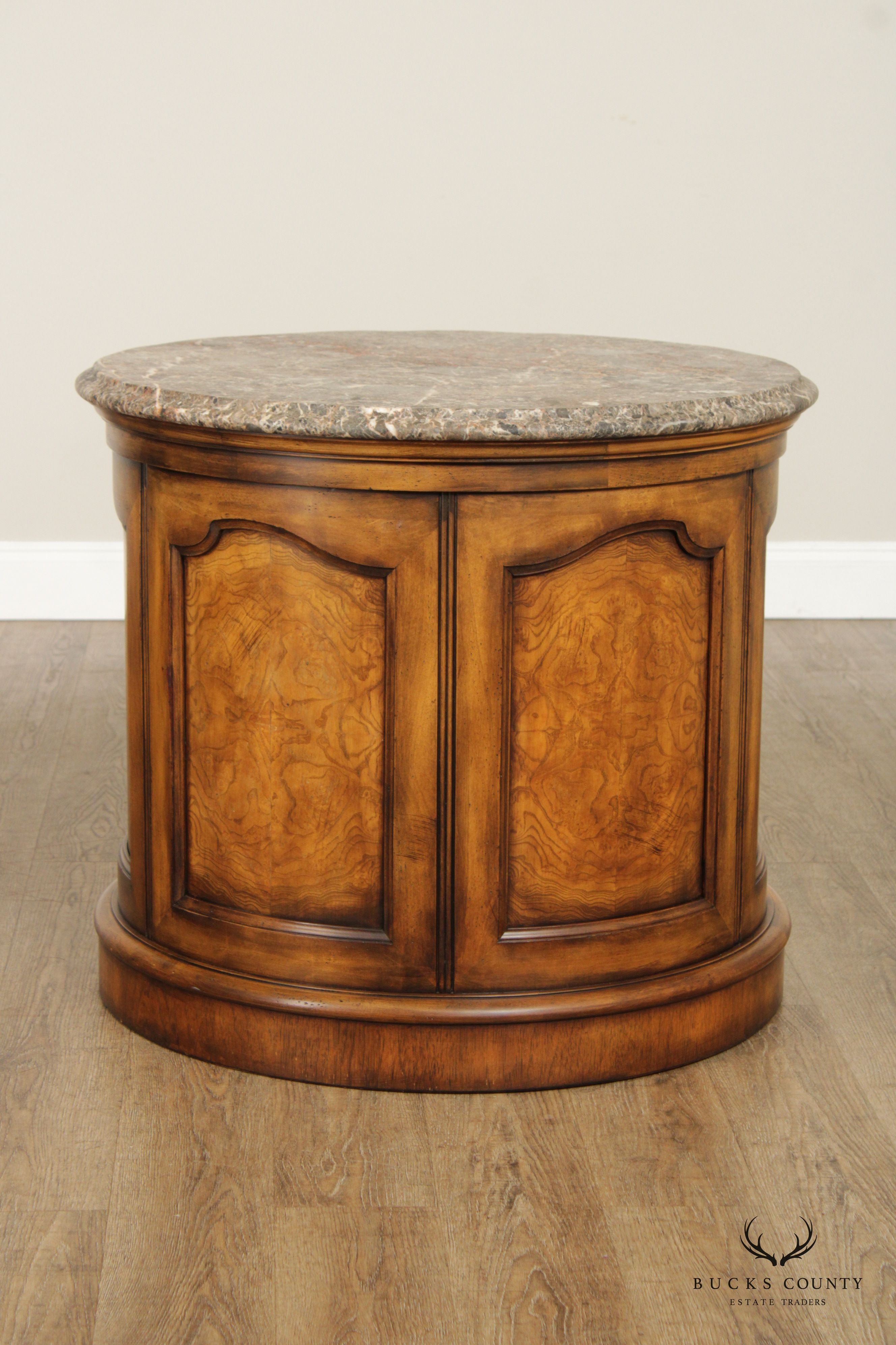 Henredon English Regency Style Round Marble Top Drum Cabinet Side Table