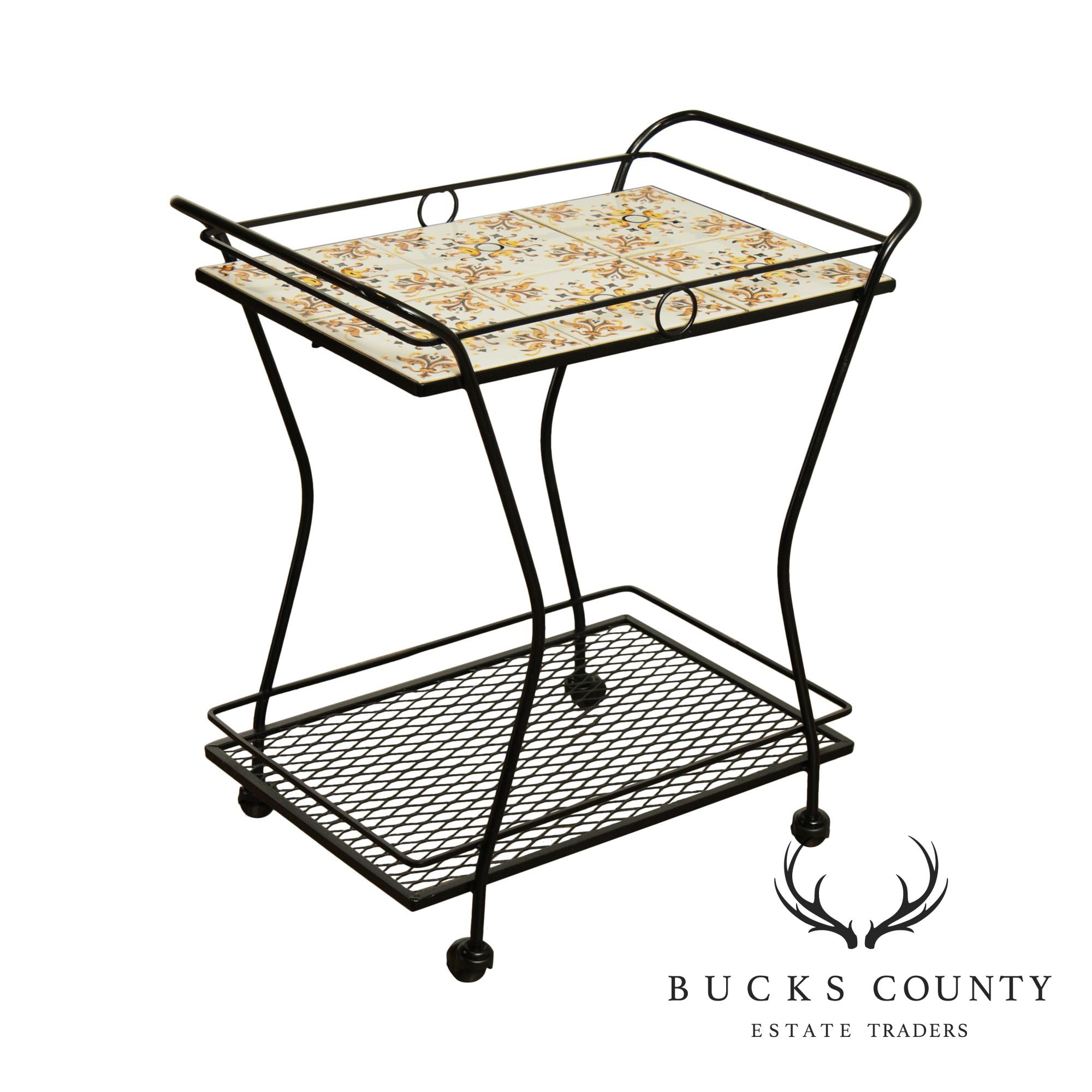 Mid-Century Modern Wrought Iron Tile Top Serving Cart, Trolly