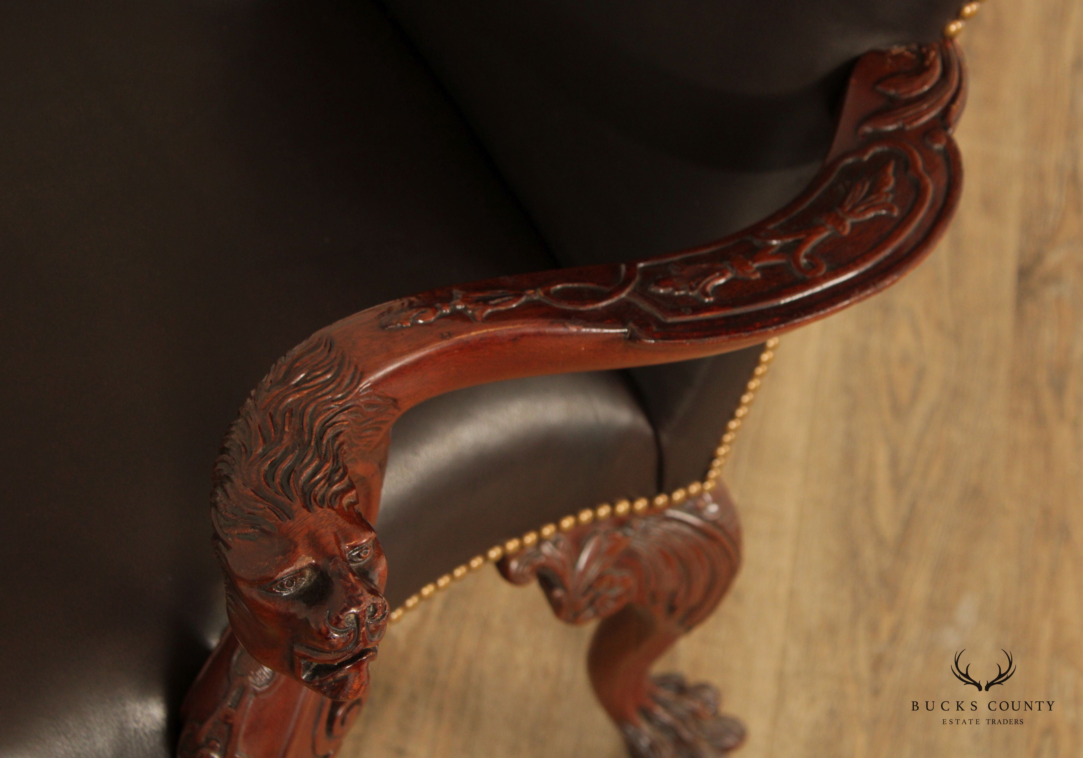 Maitland Smith Georgian Style Lion-Carved Leather Armchair