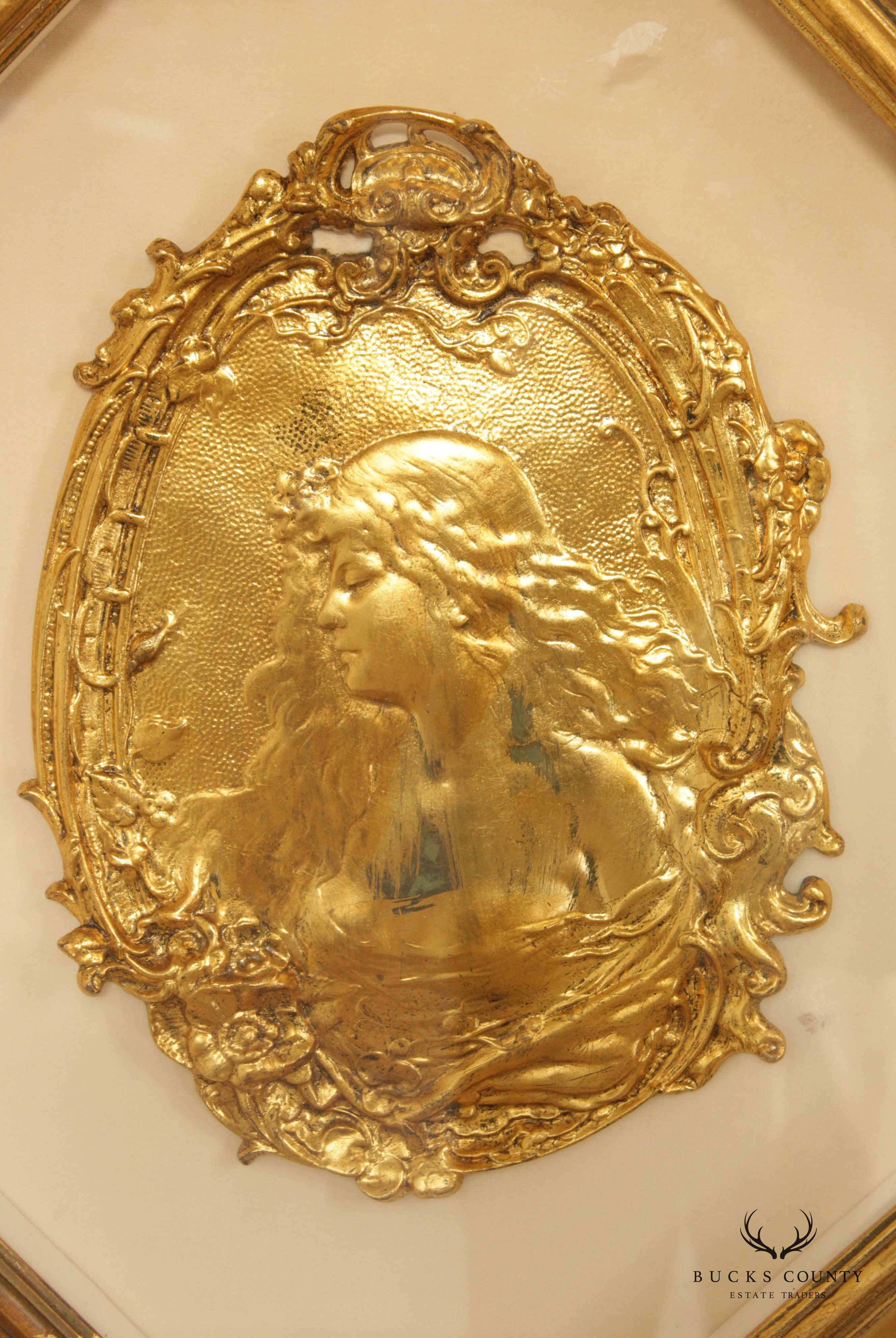 Art Nouveau Style Figural Gilt Cast Plaque, Custom Framed