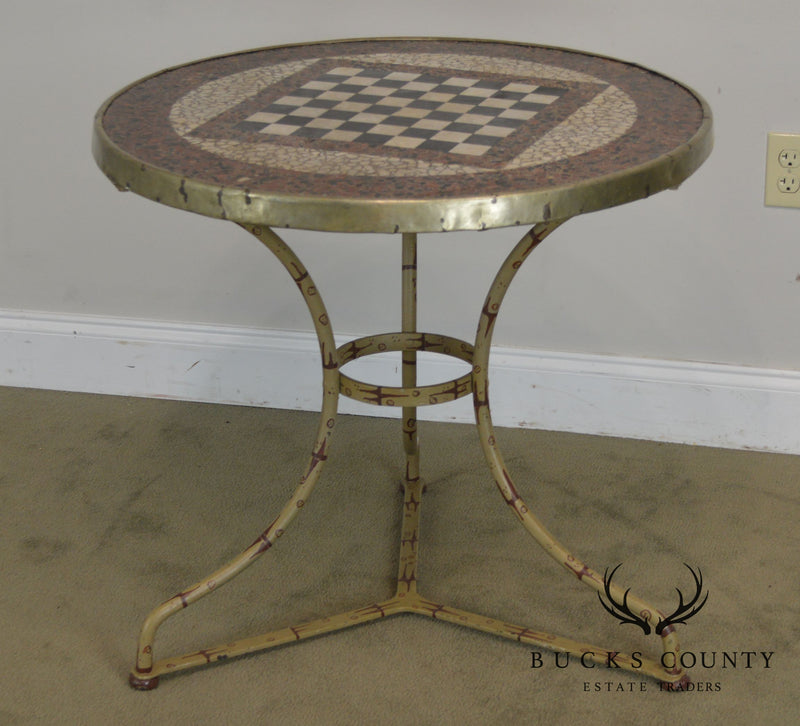 Antique French Napoleonic Round Inlaid Stone Top Tole Painted Gueridon Gaming Table