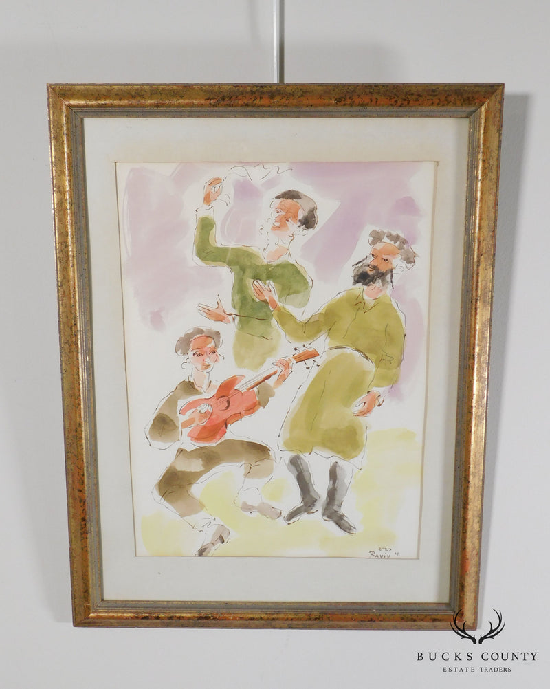 Moshe Raviv "Dancing Hasidim" Original Watercolor on Paper Signed