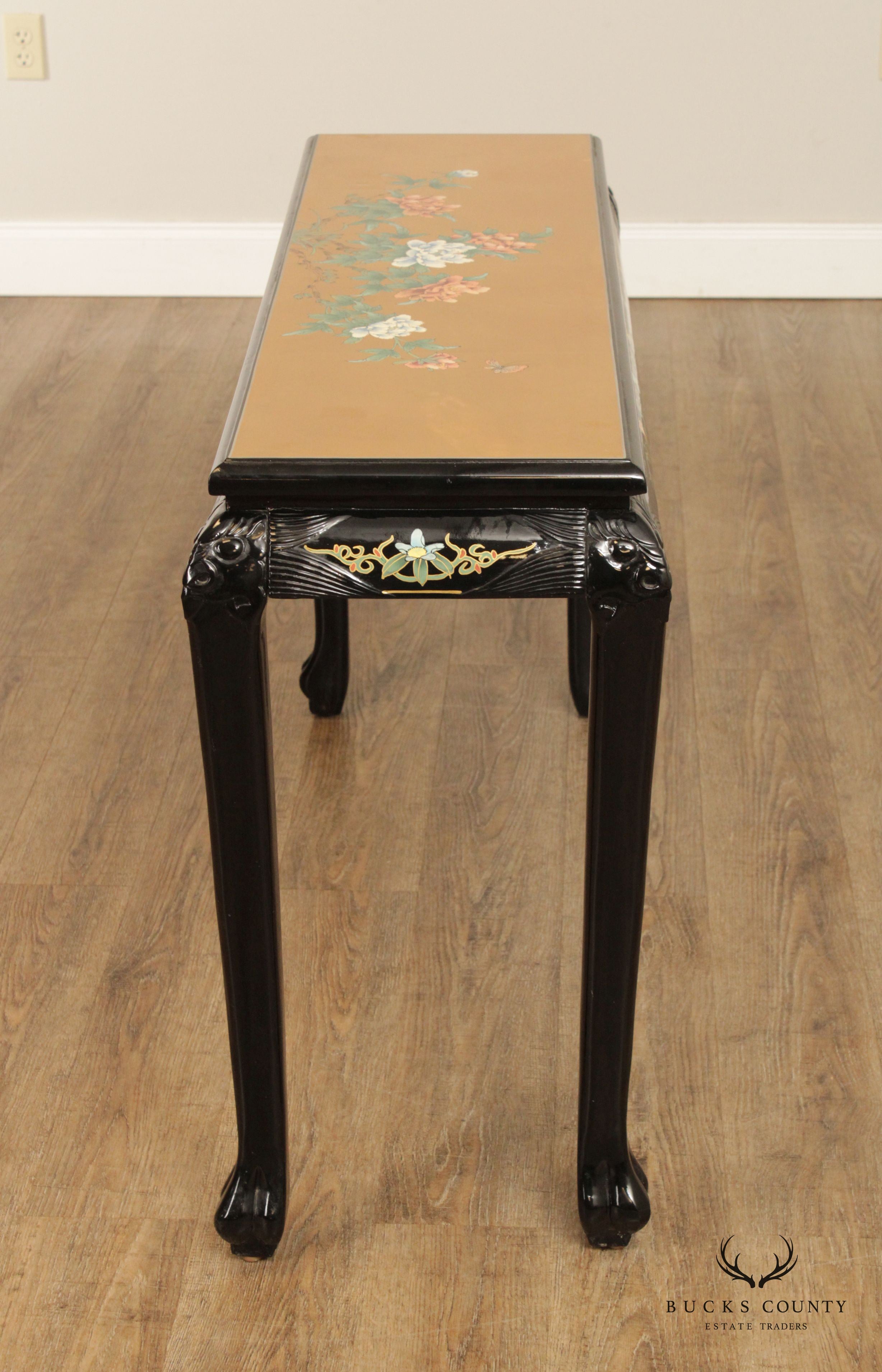 Asian Chinoiserie Lacquered Gold Leaf Console Table