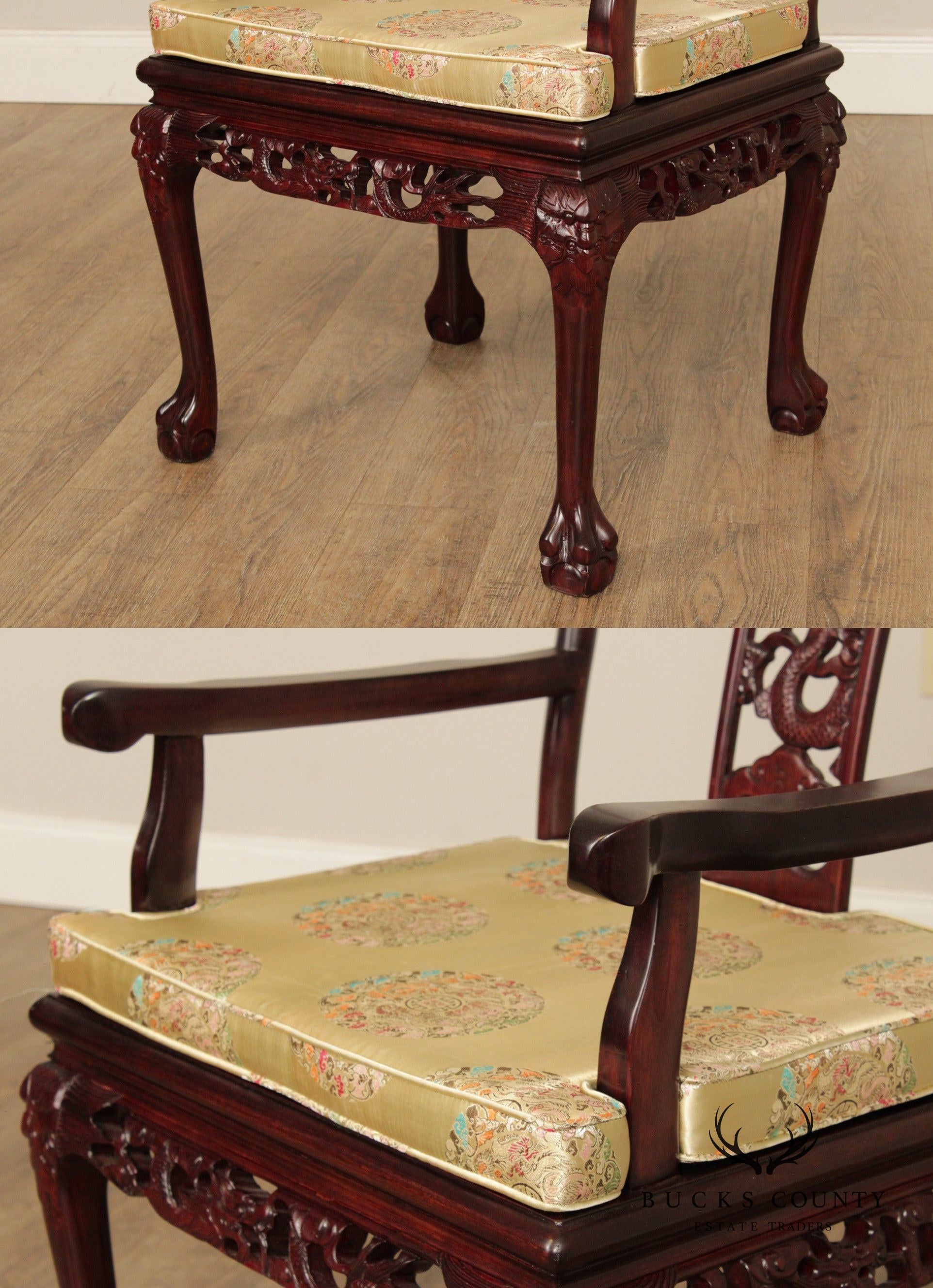 Chinese Rosewood Mother of Pearl Inlaid Dragon Carved Set of 8 Dining Chairs