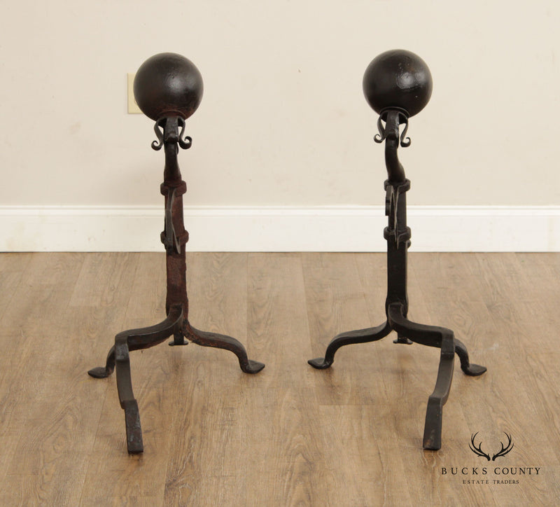 Antique 19th C. Pair Wrought Iron Cannonball Andirons