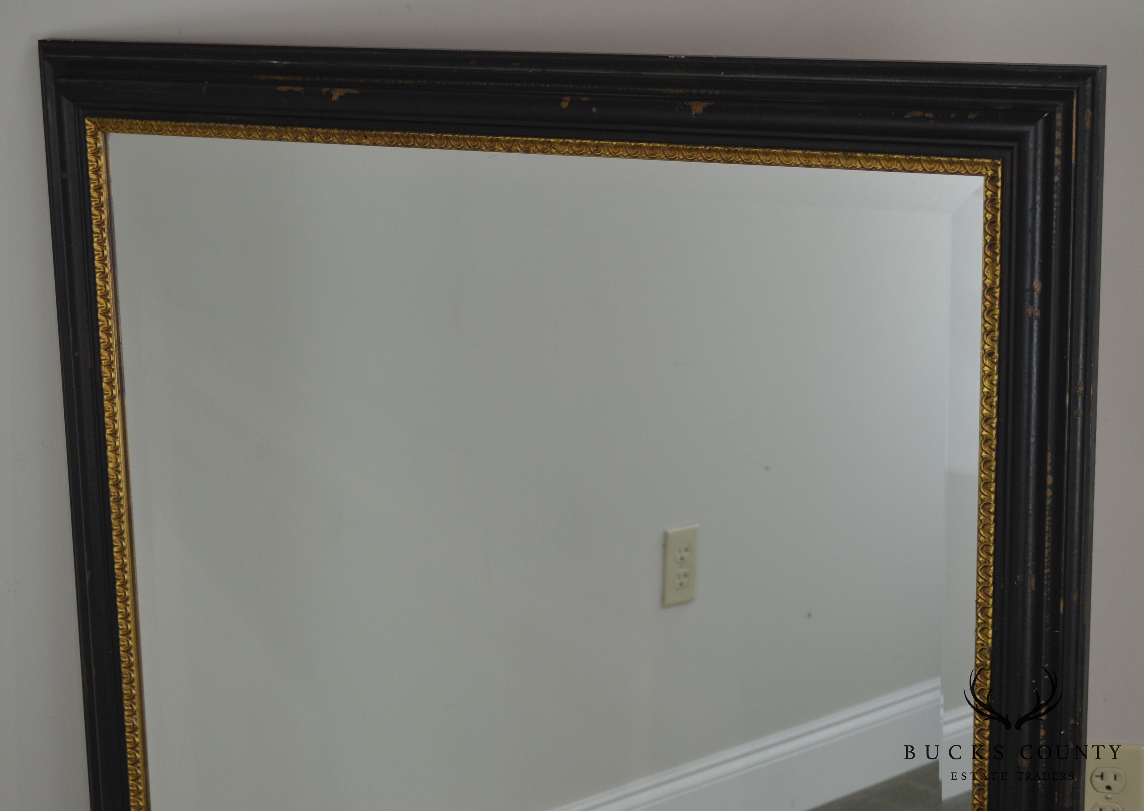 Regency Style Distressed Black & Gold Frame Rectangular Pair Beveled Mirrors