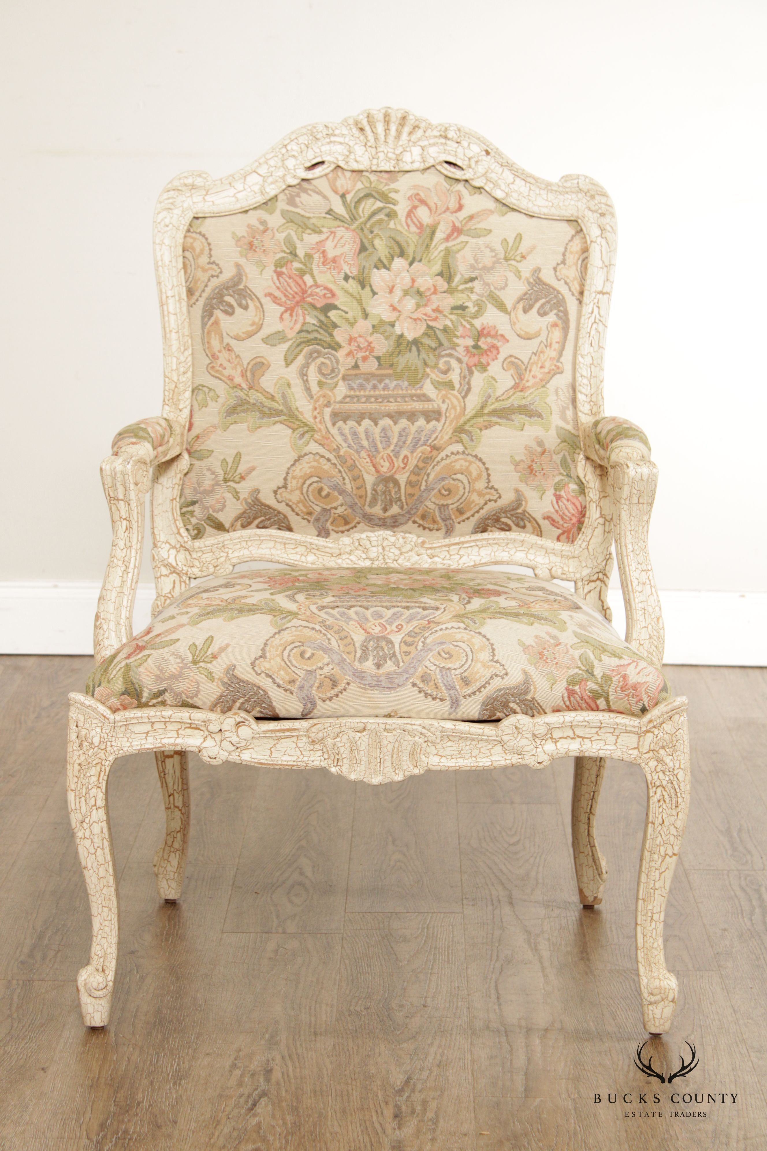 French Louis XV Style Crackle Painted Fauteuil Armchair